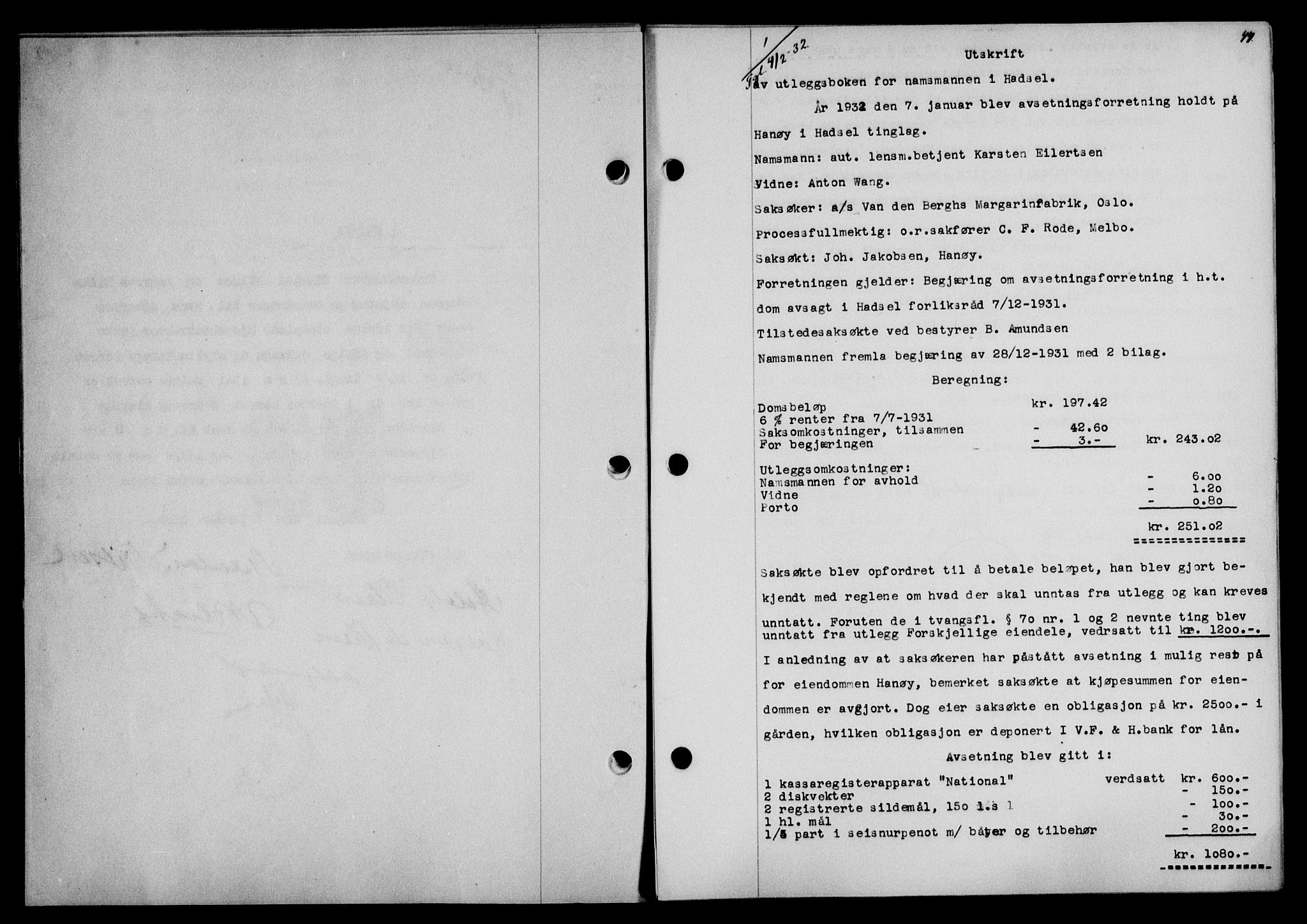 Vesterålen sorenskriveri, SAT/A-4180/1/2/2Ca/L0055: Mortgage book no. 48, 1932-1932, Deed date: 04.02.1932