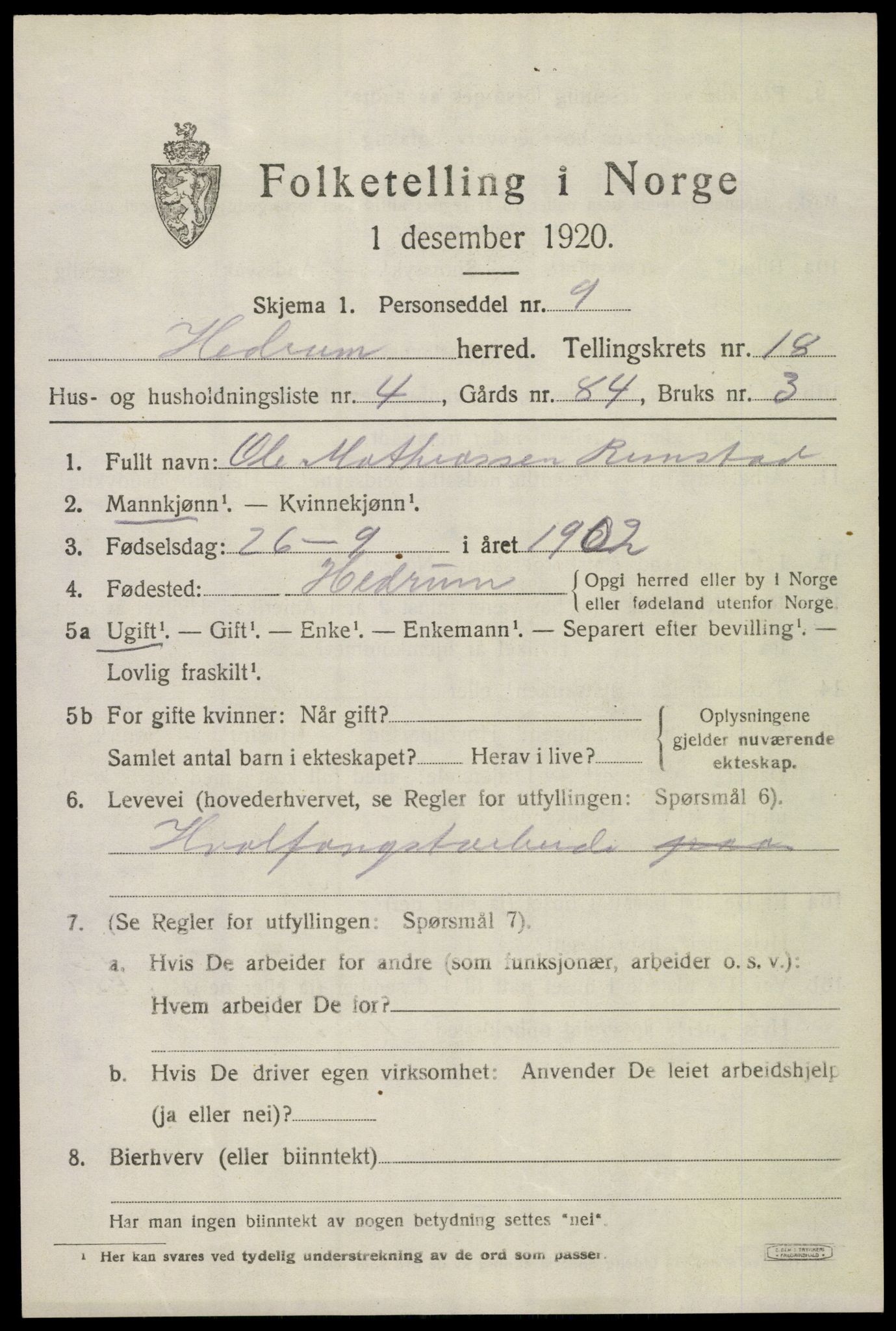 SAKO, 1920 census for Hedrum, 1920, p. 10845