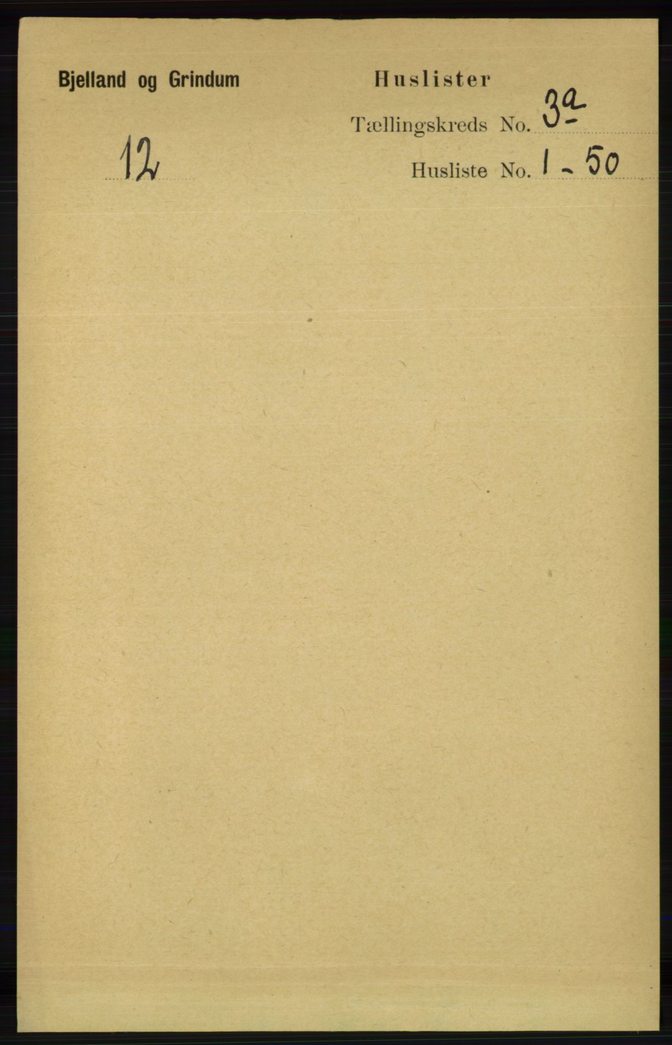 RA, 1891 census for 1024 Bjelland og Grindheim, 1891, p. 1405