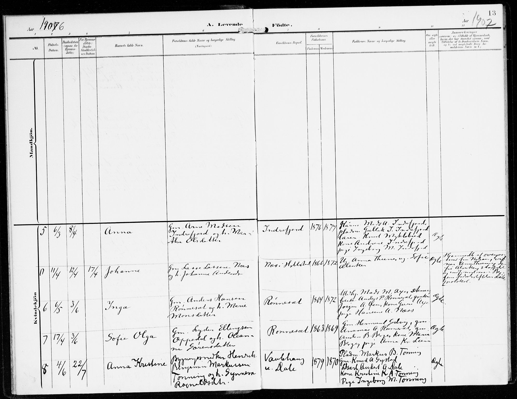 Hyllestad sokneprestembete, SAB/A-80401: Parish register (official) no. B 2, 1903-1917, p. 13
