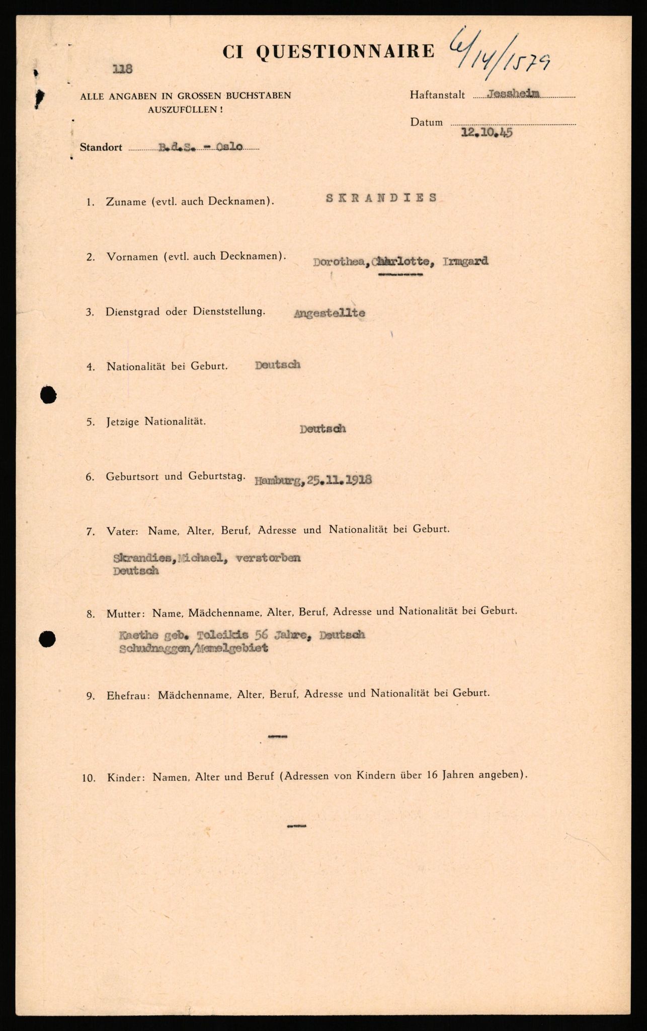 Forsvaret, Forsvarets overkommando II, AV/RA-RAFA-3915/D/Db/L0032: CI Questionaires. Tyske okkupasjonsstyrker i Norge. Tyskere., 1945-1946, p. 141