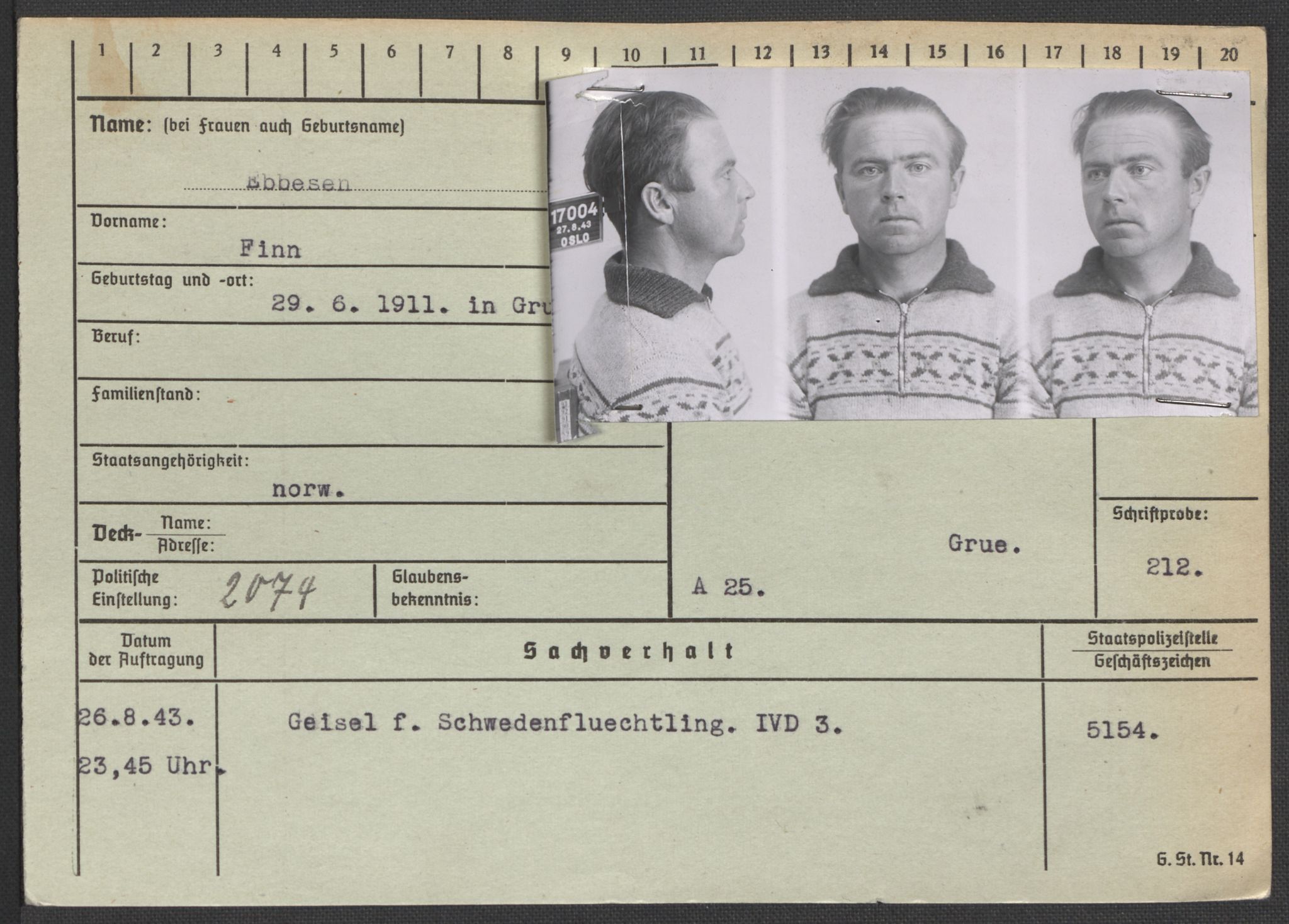 Befehlshaber der Sicherheitspolizei und des SD, RA/RAFA-5969/E/Ea/Eaa/L0002: Register over norske fanger i Møllergata 19: Bj-Eng, 1940-1945, p. 1153