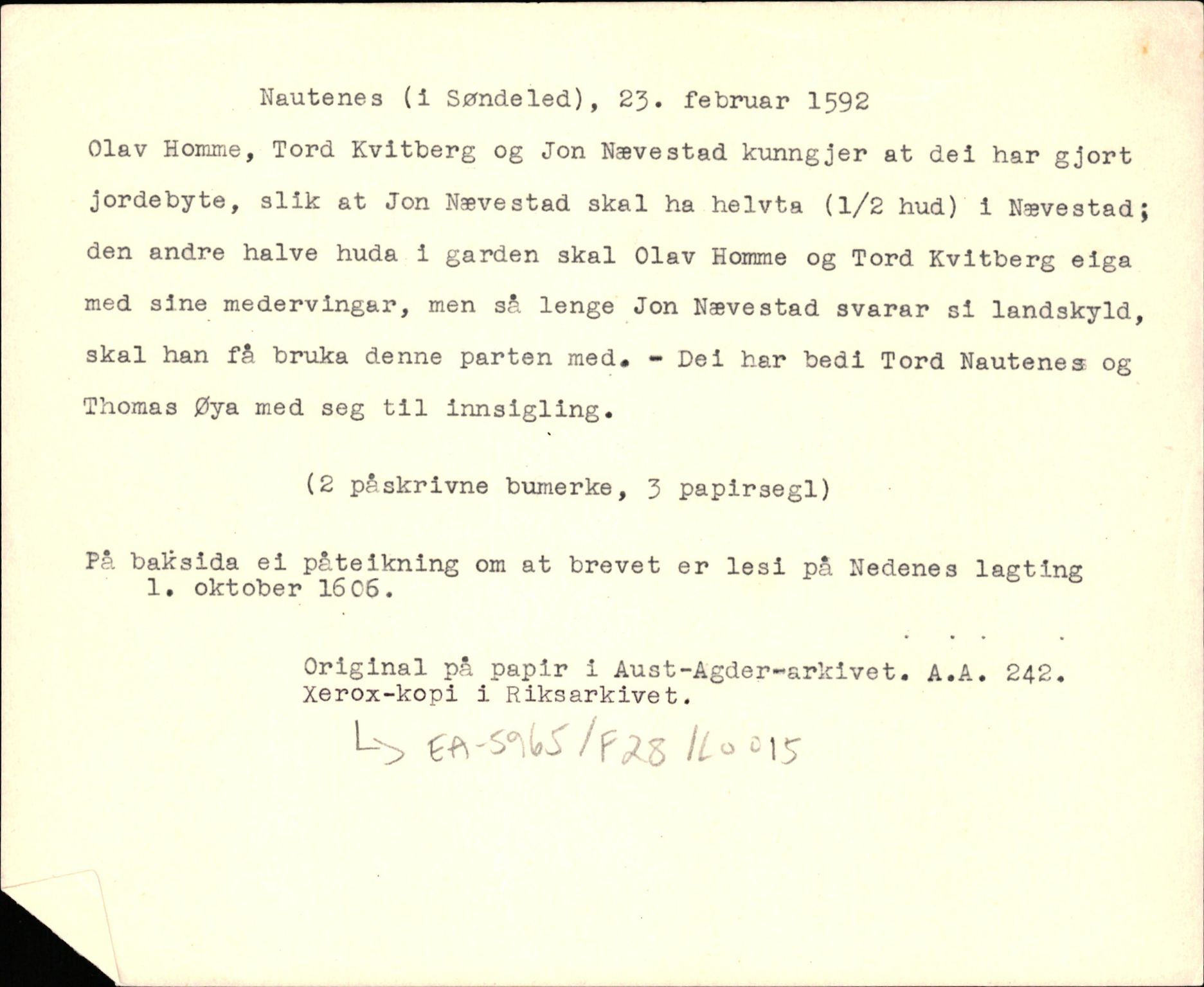 Riksarkivets diplomsamling, AV/RA-EA-5965/F35/F35d/L0002: Innlånte diplomer, seddelregister, 1592-1620, p. 3