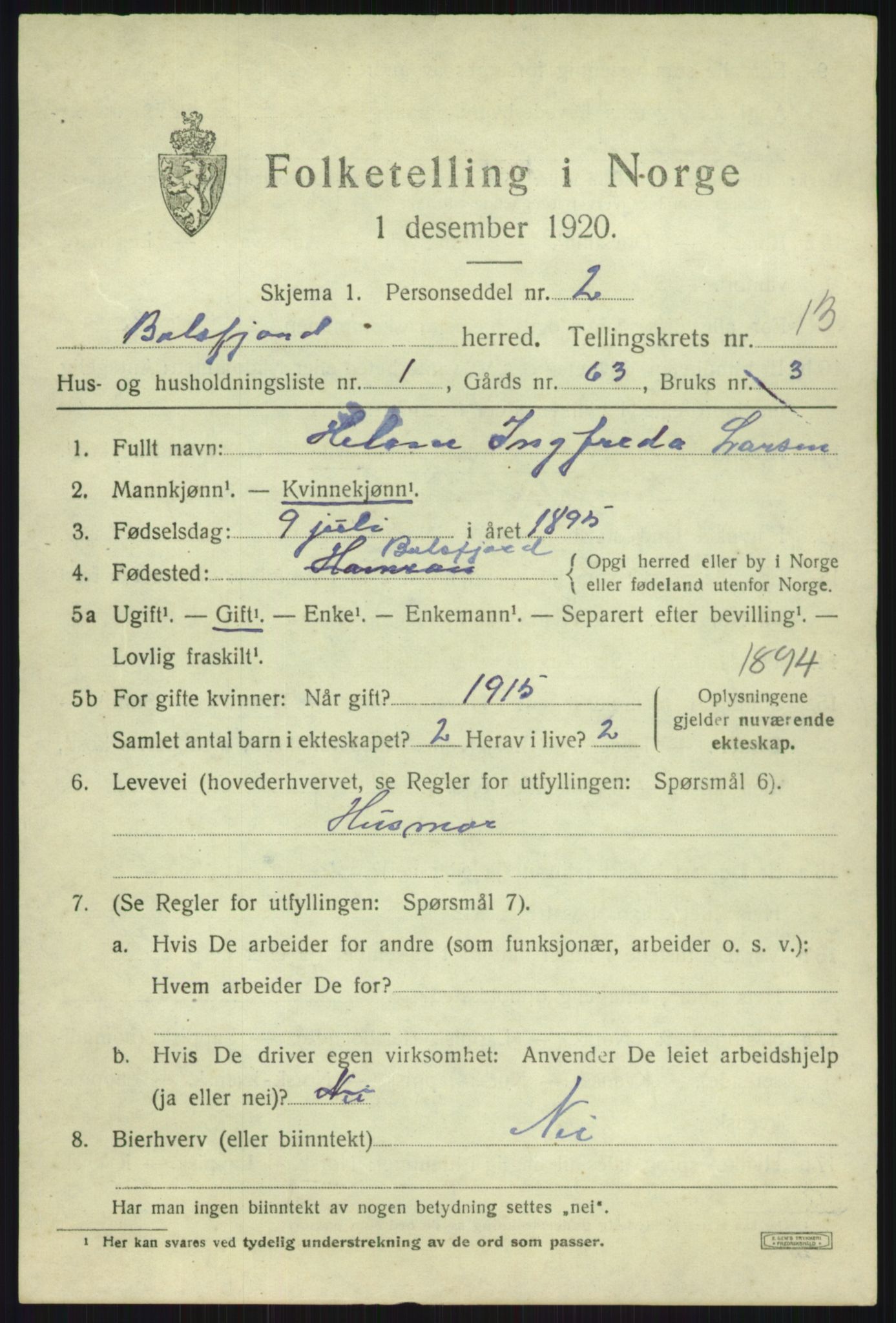 SATØ, 1920 census for Balsfjord, 1920, p. 7598