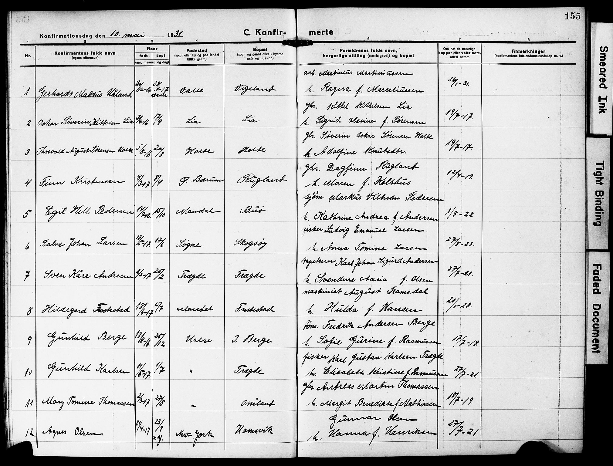 Mandal sokneprestkontor, SAK/1111-0030/F/Fb/Fba/L0013: Parish register (copy) no. B 7, 1918-1931, p. 155
