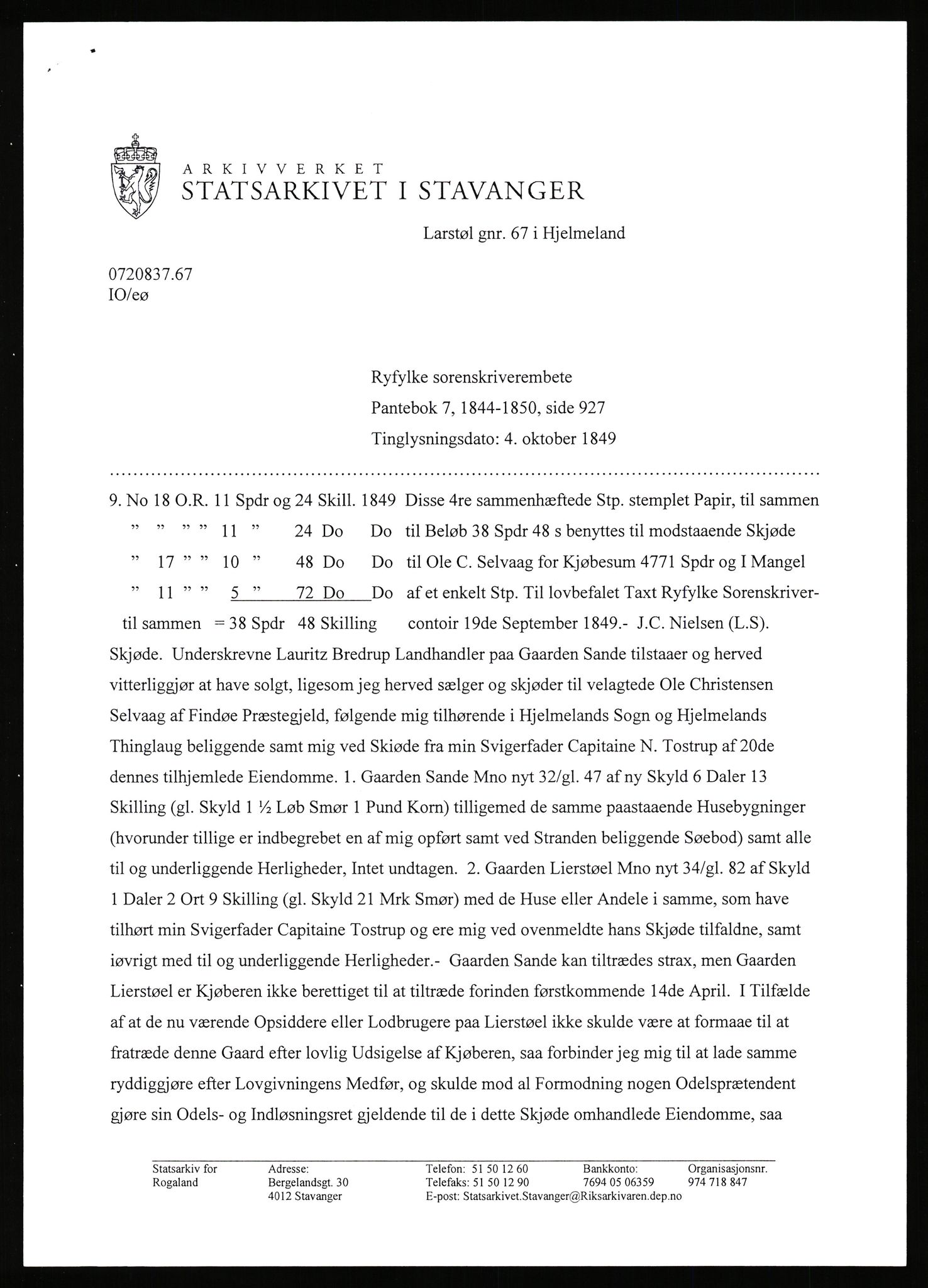 Statsarkivet i Stavanger, SAST/A-101971/03/Y/Yj/L0052: Avskrifter sortert etter gårdsnavn: Landråk  - Leidland, 1750-1930, p. 251