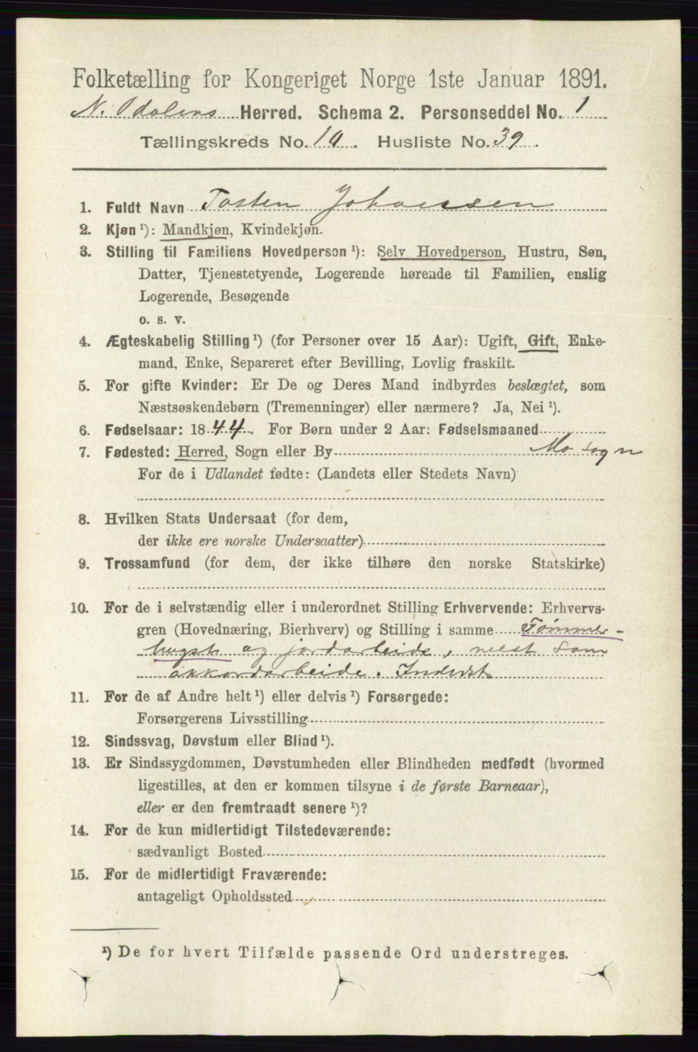 RA, 1891 census for 0418 Nord-Odal, 1891, p. 4738