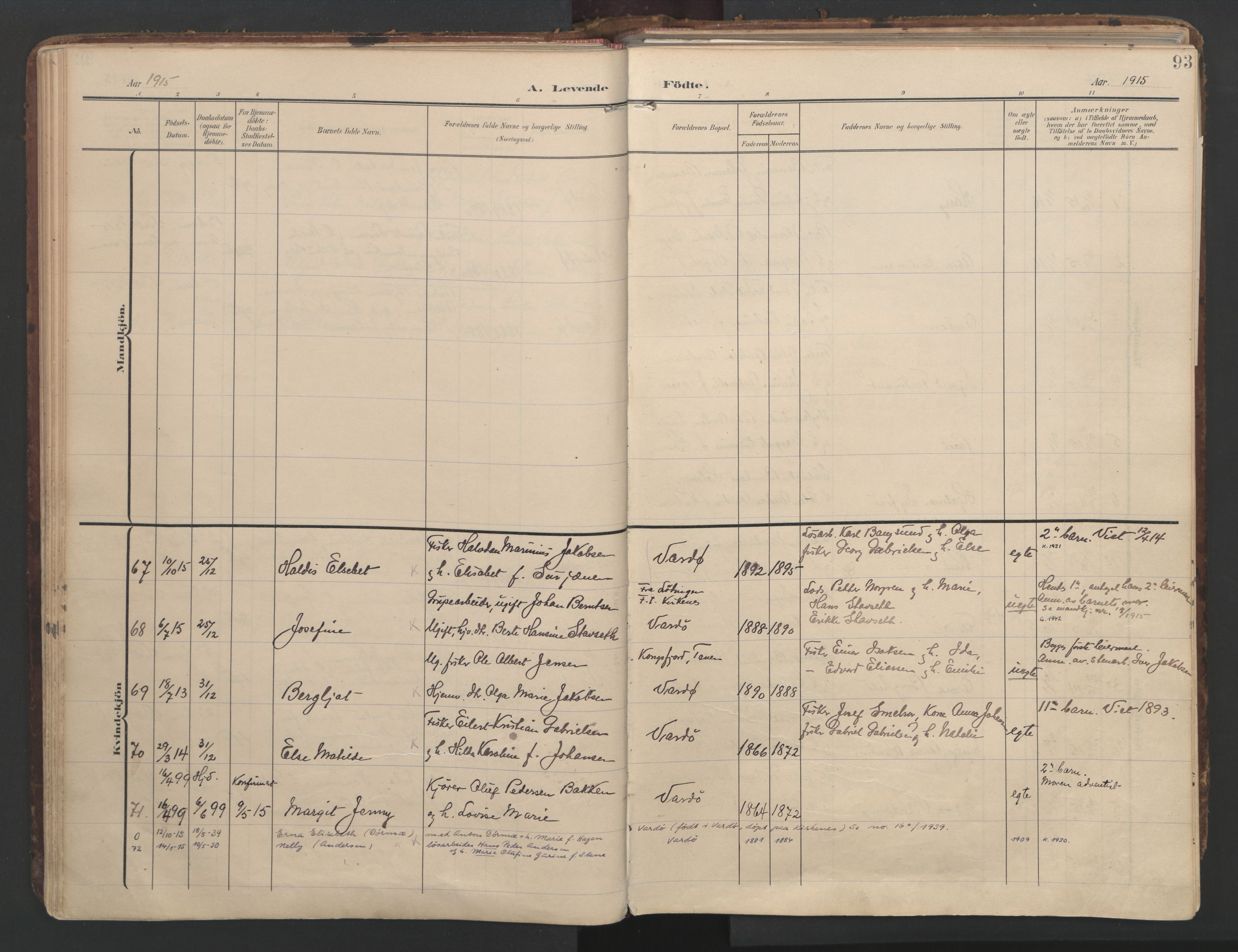 Vardø sokneprestkontor, AV/SATØ-S-1332/H/Ha/L0012kirke: Parish register (official) no. 12, 1907-1921, p. 93