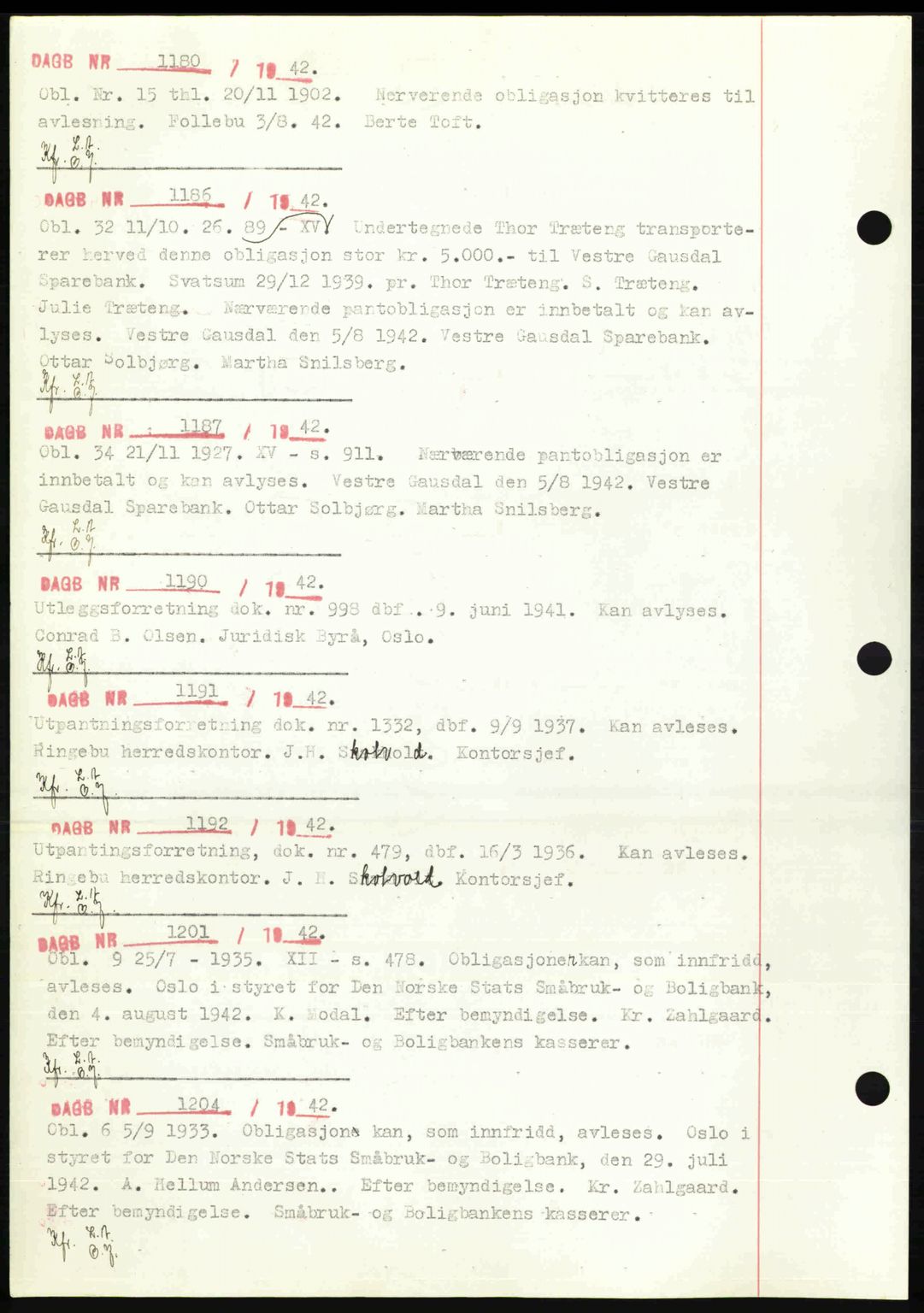 Sør-Gudbrandsdal tingrett, SAH/TING-004/H/Hb/Hbf/L0002: Mortgage book no. C1, 1938-1951, Diary no: : 1180/1942