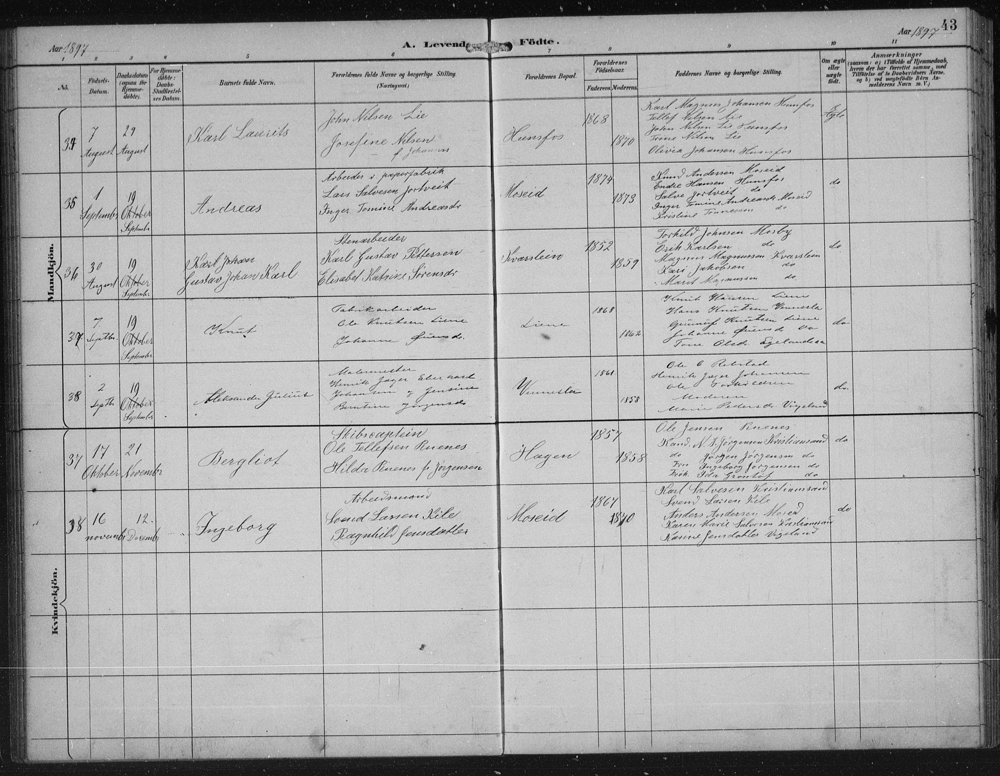 Vennesla sokneprestkontor, AV/SAK-1111-0045/Fb/Fbb/L0004: Parish register (copy) no. B 4, 1893-1902, p. 43