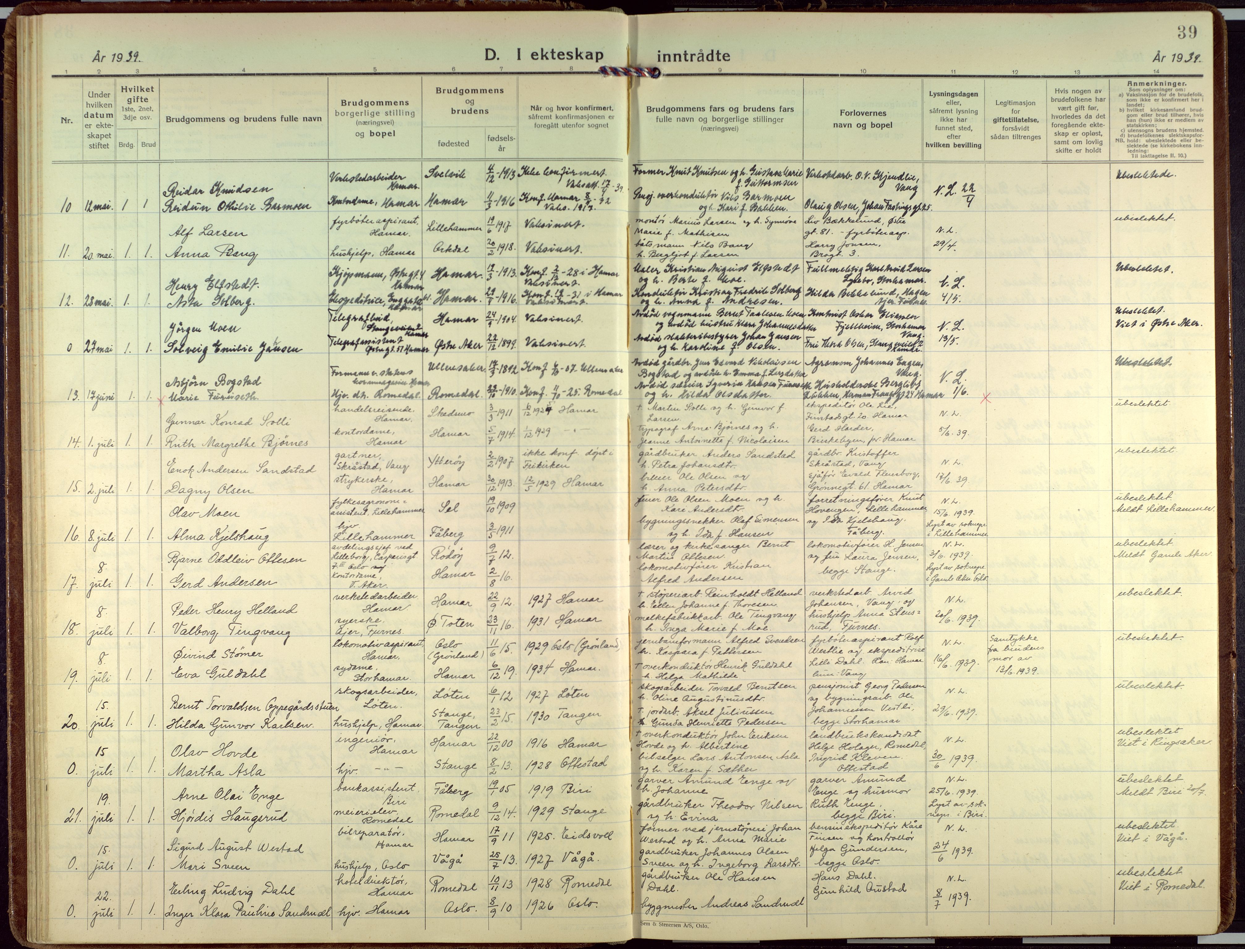 Hamar prestekontor, AV/SAH-DOMPH-002/H/Ha/Haa/L0006: Parish register (official) no. 6, 1931-1953, p. 39