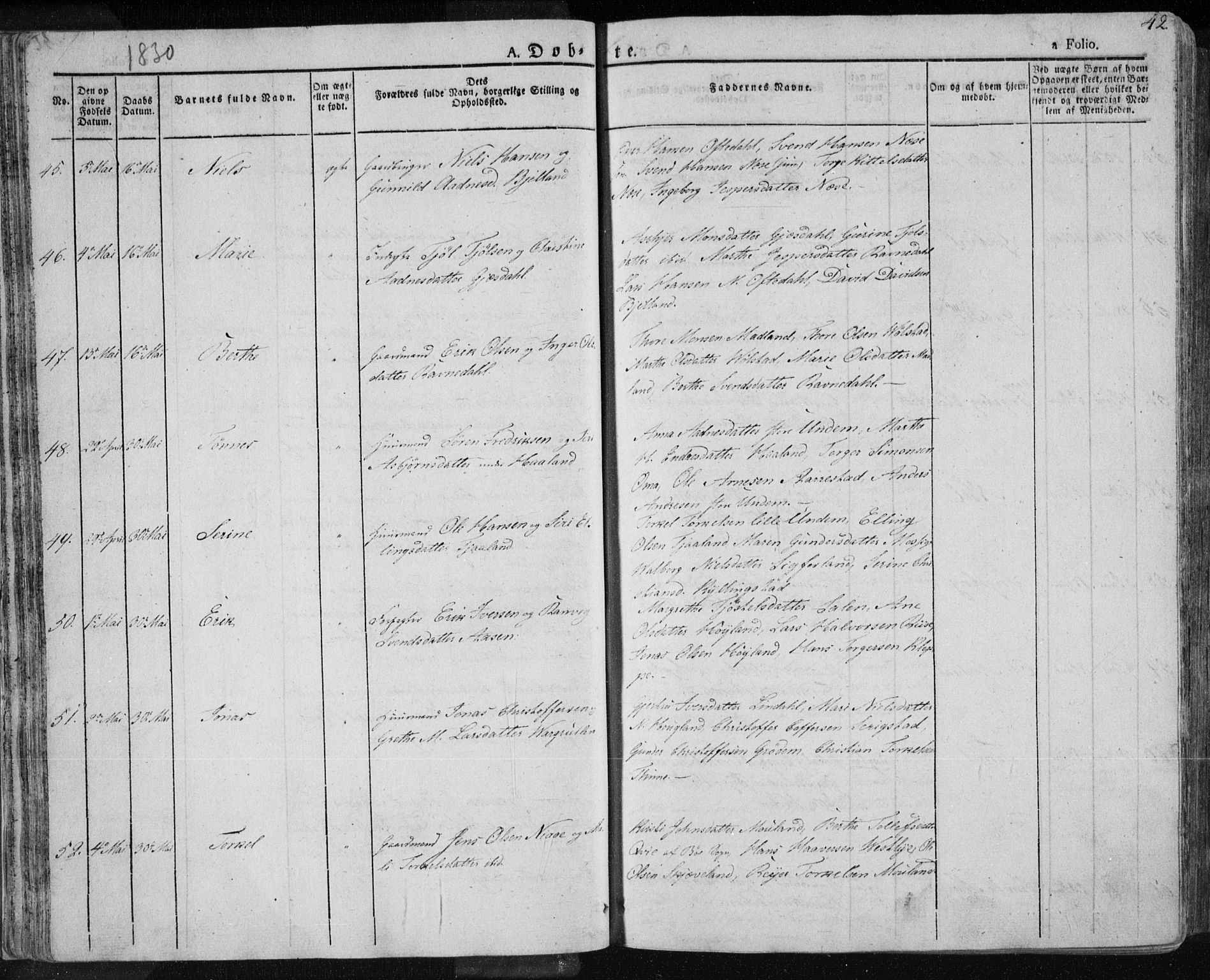 Lye sokneprestkontor, SAST/A-101794/001/30BA/L0004: Parish register (official) no. A 4, 1826-1841, p. 42