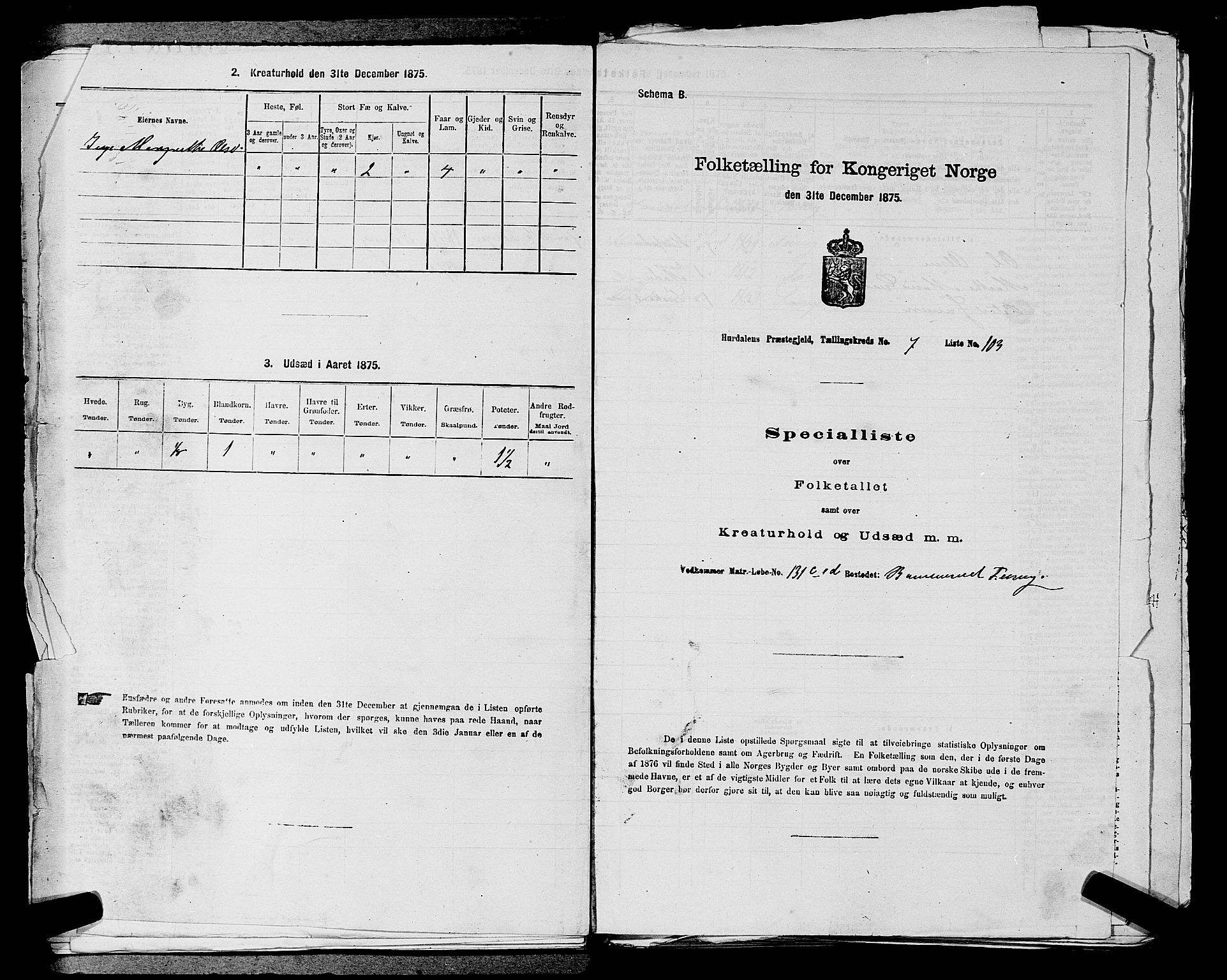 RA, 1875 census for 0239P Hurdal, 1875, p. 1077