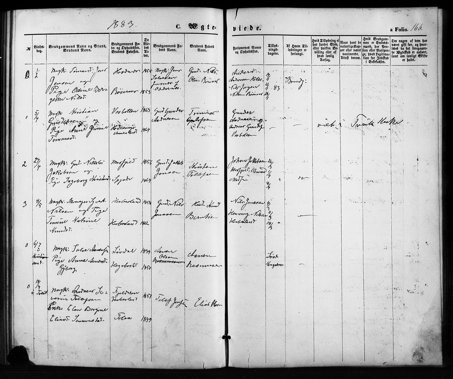 Birkenes sokneprestkontor, SAK/1111-0004/F/Fb/L0003: Parish register (copy) no. B 3, 1876-1892, p. 166
