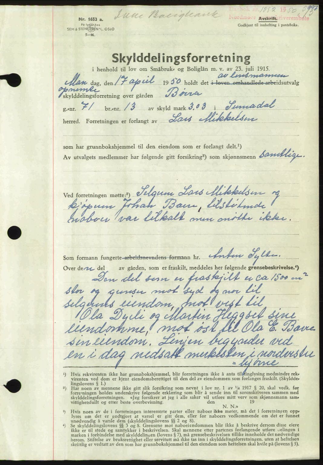 Nordmøre sorenskriveri, AV/SAT-A-4132/1/2/2Ca: Mortgage book no. A114, 1950-1950, Diary no: : 1382/1950