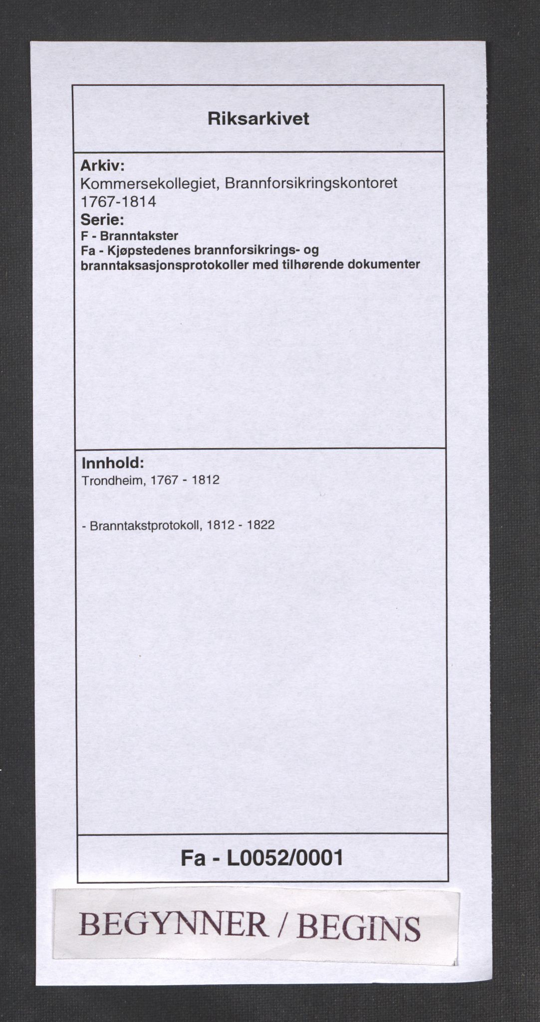 Kommersekollegiet, Brannforsikringskontoret 1767-1814, RA/EA-5458/F/Fa/L0052/0001: Trondheim / Branntakstprotokoll, 1812-1822