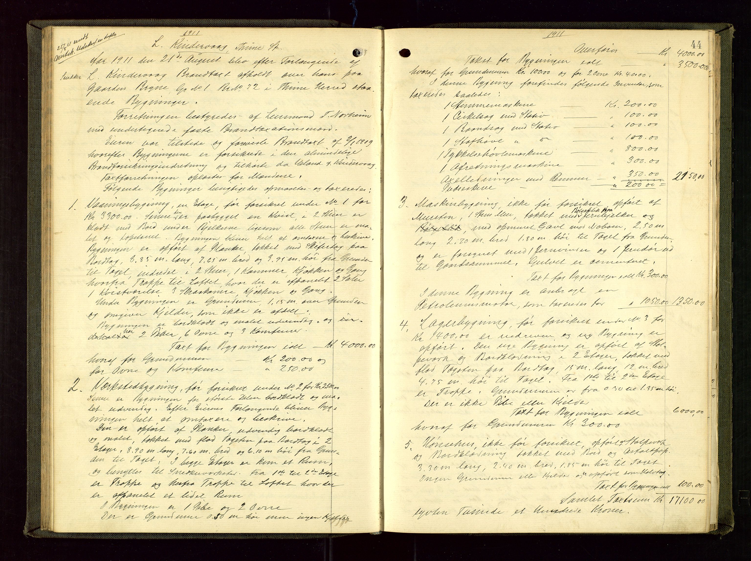 Time lensmannskontor, AV/SAST-A-100420/Goa/L0002: "Brandtakstprotokol", 1904-1920, p. 43b-44a