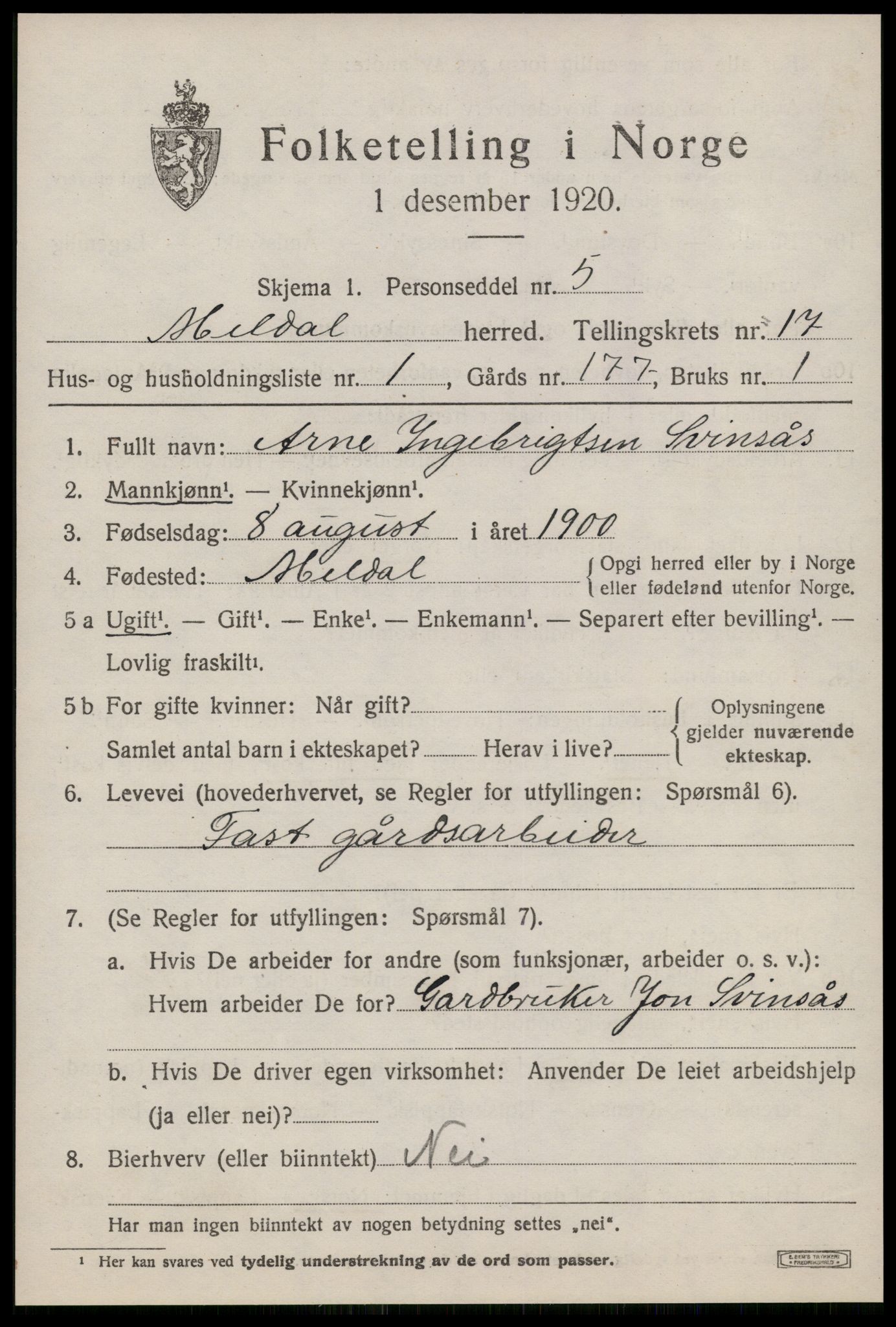 SAT, 1920 census for Meldal, 1920, p. 11131