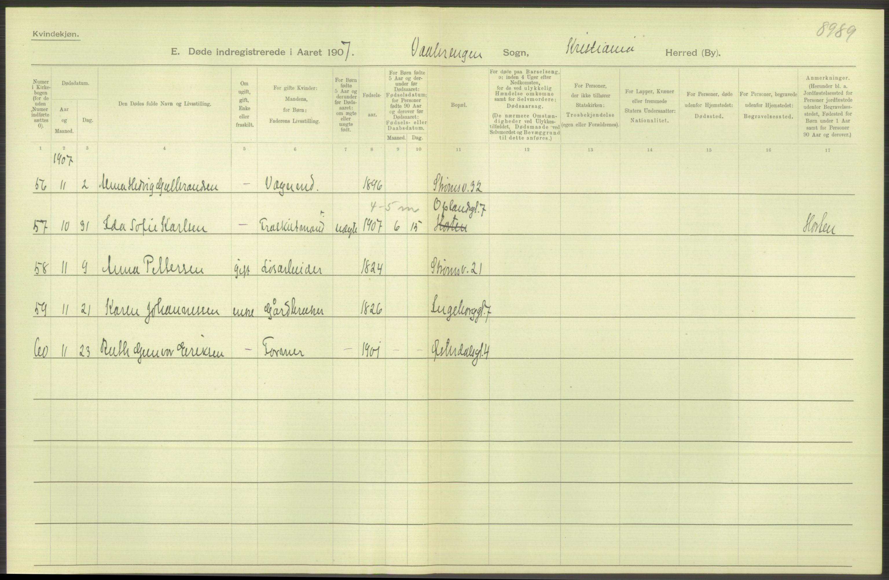 Statistisk sentralbyrå, Sosiodemografiske emner, Befolkning, RA/S-2228/D/Df/Dfa/Dfae/L0009: Kristiania: Døde, 1907, p. 504