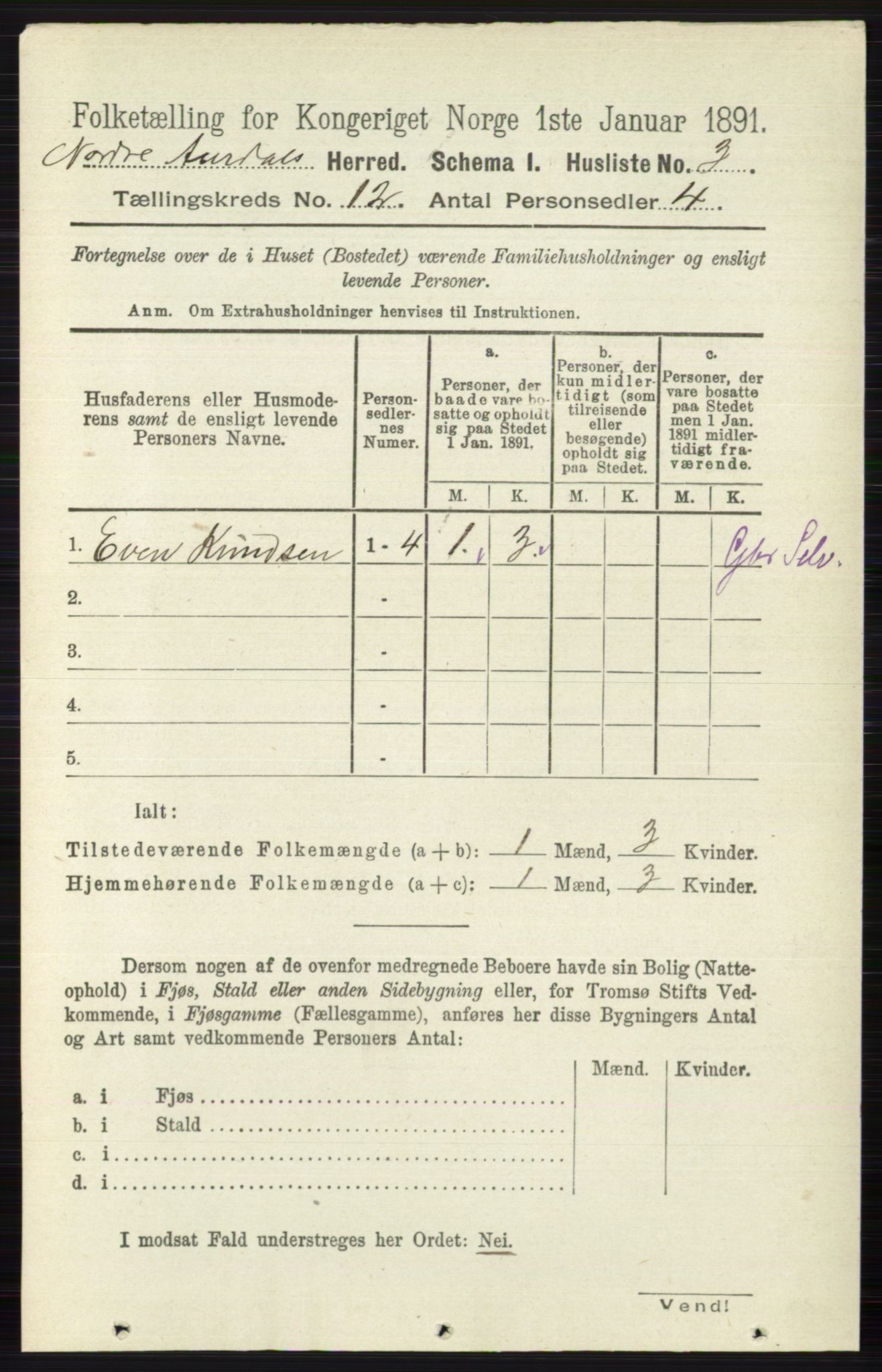 RA, 1891 census for 0542 Nord-Aurdal, 1891, p. 4466