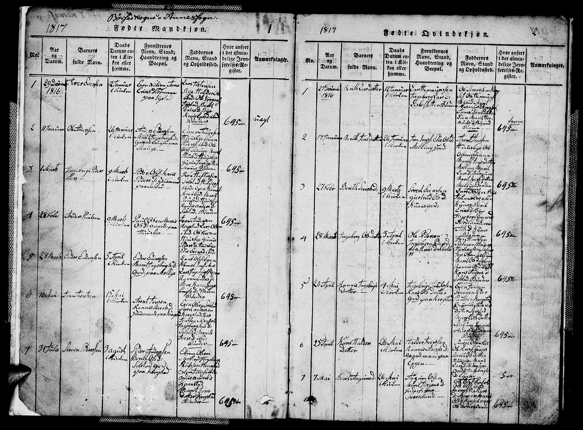 Ministerialprotokoller, klokkerbøker og fødselsregistre - Sør-Trøndelag, SAT/A-1456/667/L0796: Parish register (copy) no. 667C01, 1817-1836, p. 1-2
