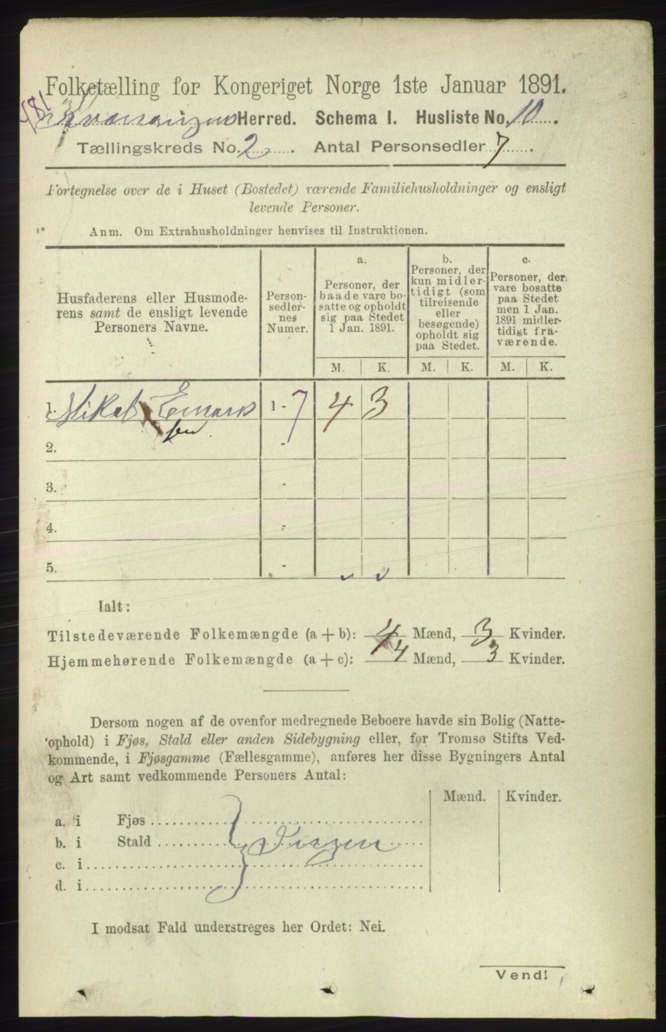 RA, 1891 census for 1943 Kvænangen, 1891, p. 334