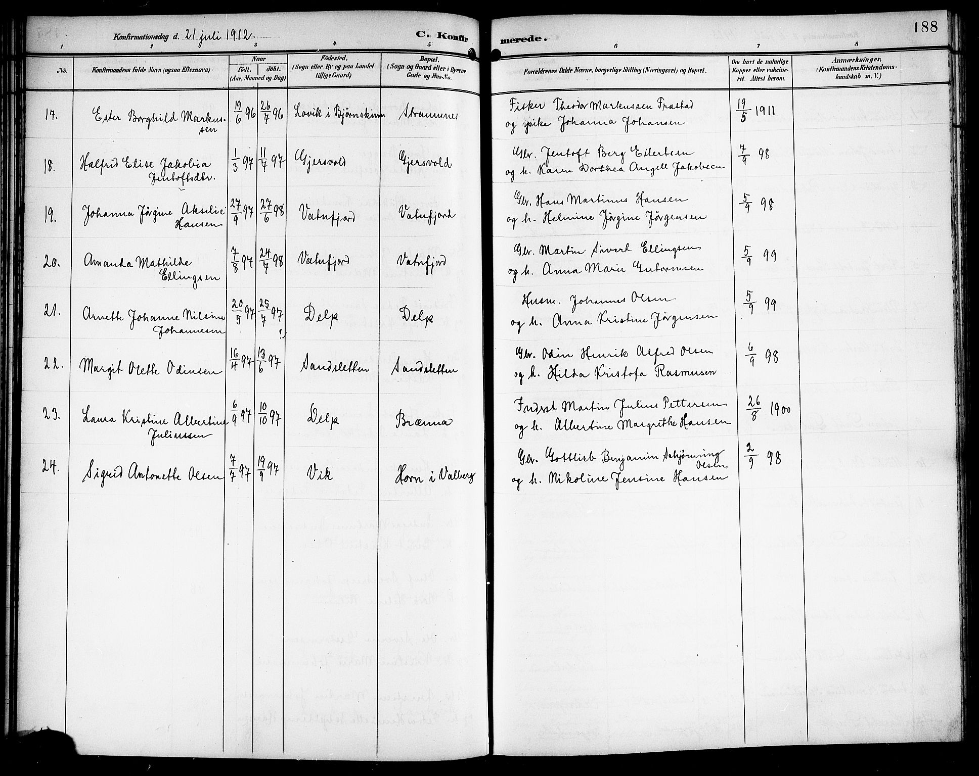 Ministerialprotokoller, klokkerbøker og fødselsregistre - Nordland, AV/SAT-A-1459/876/L1105: Parish register (copy) no. 876C04, 1896-1914, p. 188