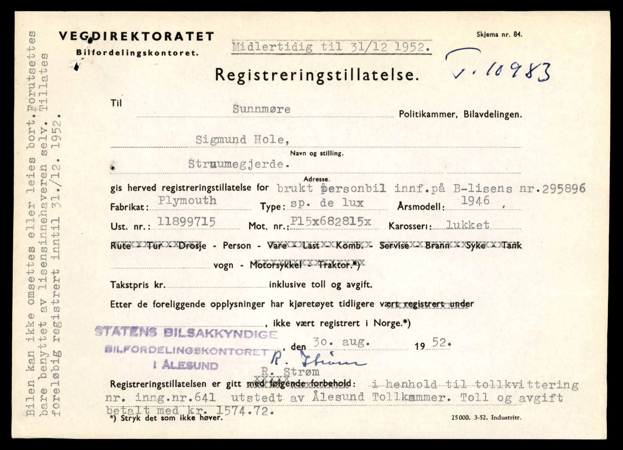 Møre og Romsdal vegkontor - Ålesund trafikkstasjon, AV/SAT-A-4099/F/Fe/L0025: Registreringskort for kjøretøy T 10931 - T 11045, 1927-1998, p. 1419