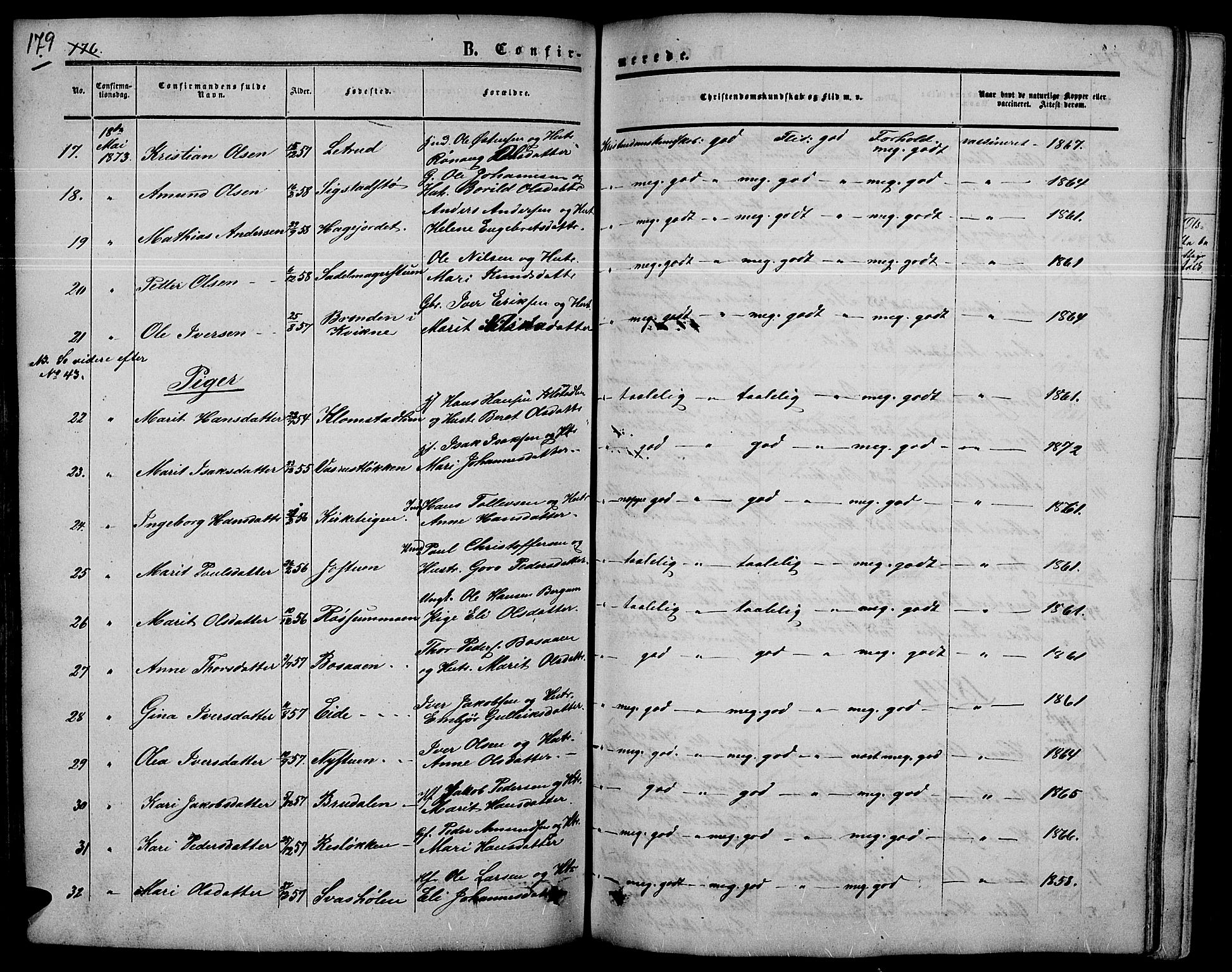 Nord-Fron prestekontor, SAH/PREST-080/H/Ha/Hab/L0003: Parish register (copy) no. 3, 1851-1886, p. 179