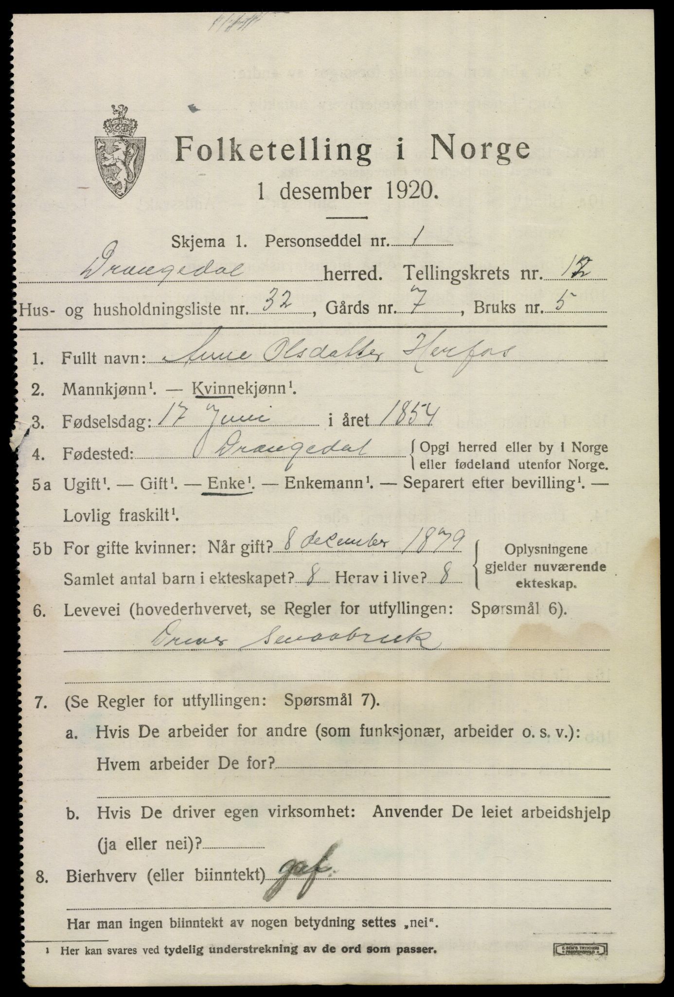 SAKO, 1920 census for Drangedal, 1920, p. 7095