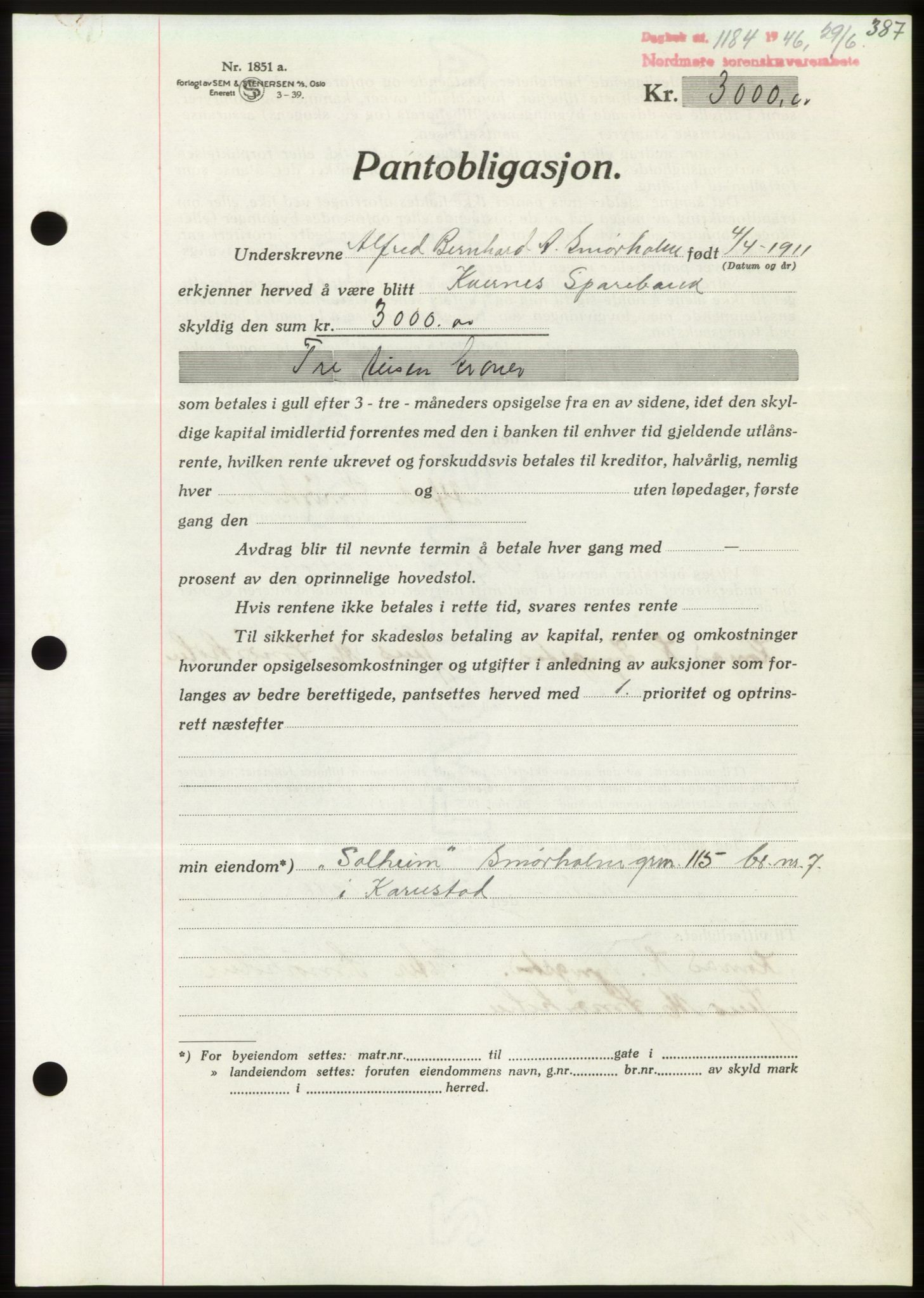 Nordmøre sorenskriveri, AV/SAT-A-4132/1/2/2Ca: Mortgage book no. B94, 1946-1946, Diary no: : 1184/1946