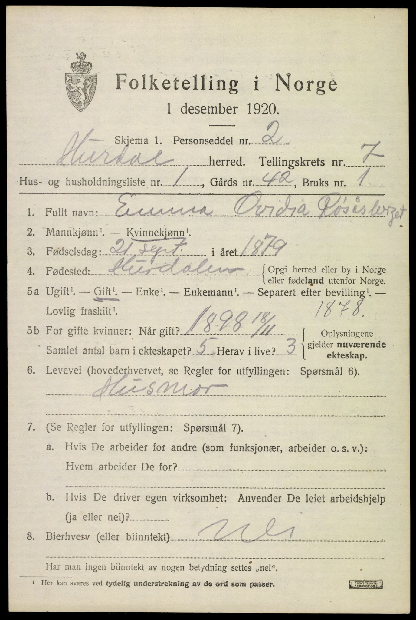 SAO, 1920 census for Hurdal, 1920, p. 3818