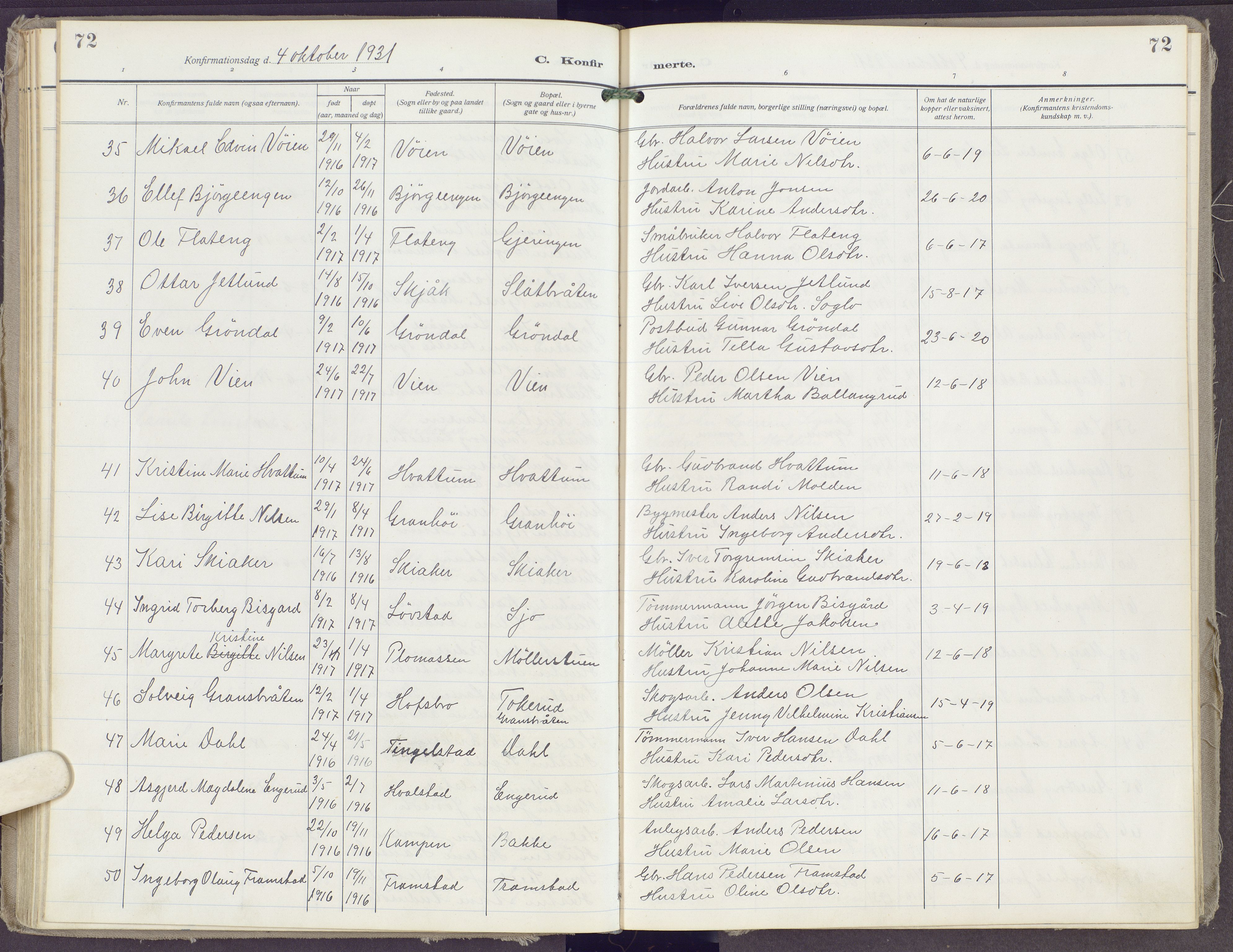 Gran prestekontor, AV/SAH-PREST-112/H/Ha/Haa/L0023: Parish register (official) no. 23, 1919-1938, p. 72