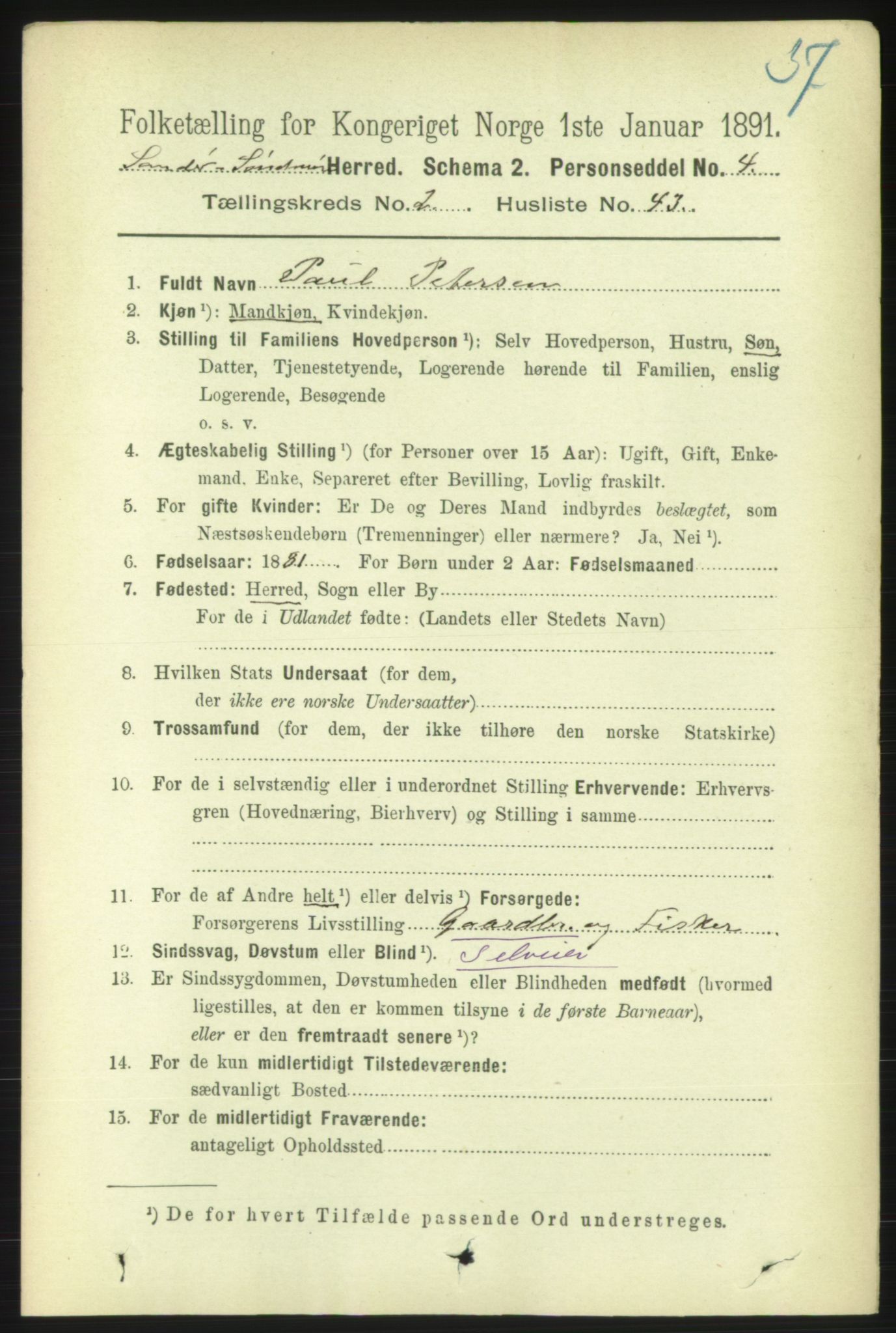 RA, 1891 census for 1514 Sande, 1891, p. 413