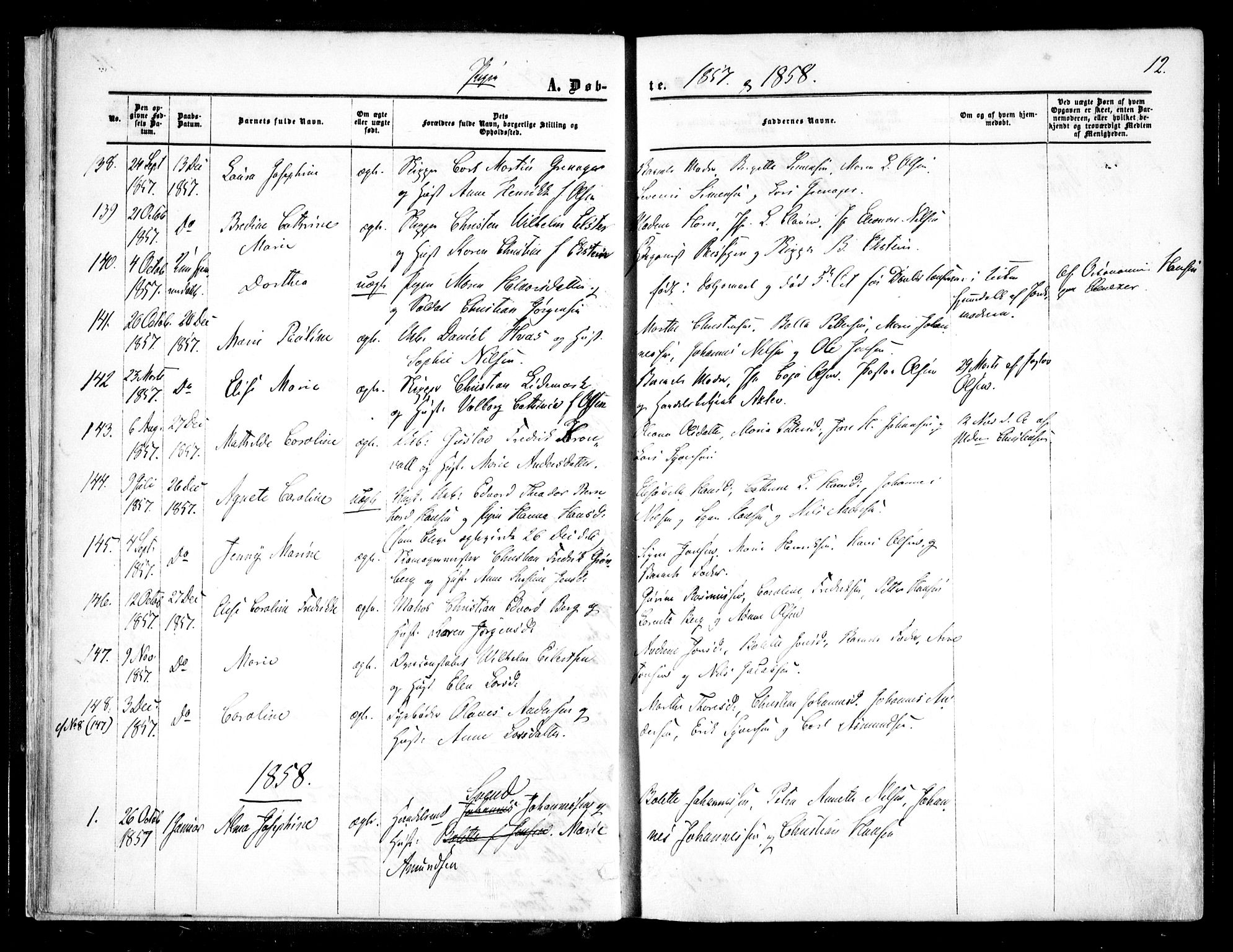 Halden prestekontor Kirkebøker, AV/SAO-A-10909/F/Fa/L0007: Parish register (official) no. I 7, 1857-1865, p. 12