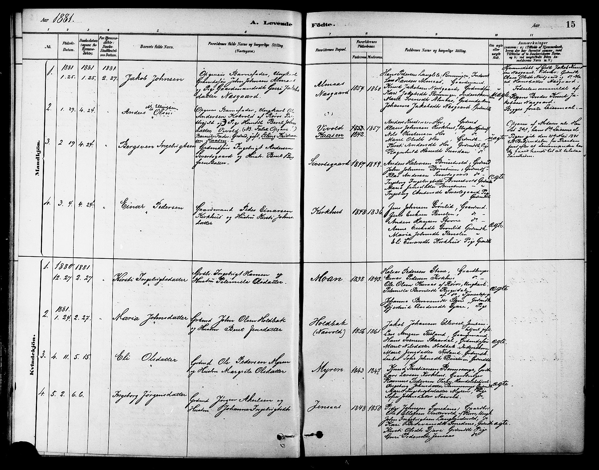 Ministerialprotokoller, klokkerbøker og fødselsregistre - Sør-Trøndelag, SAT/A-1456/686/L0983: Parish register (official) no. 686A01, 1879-1890, p. 15