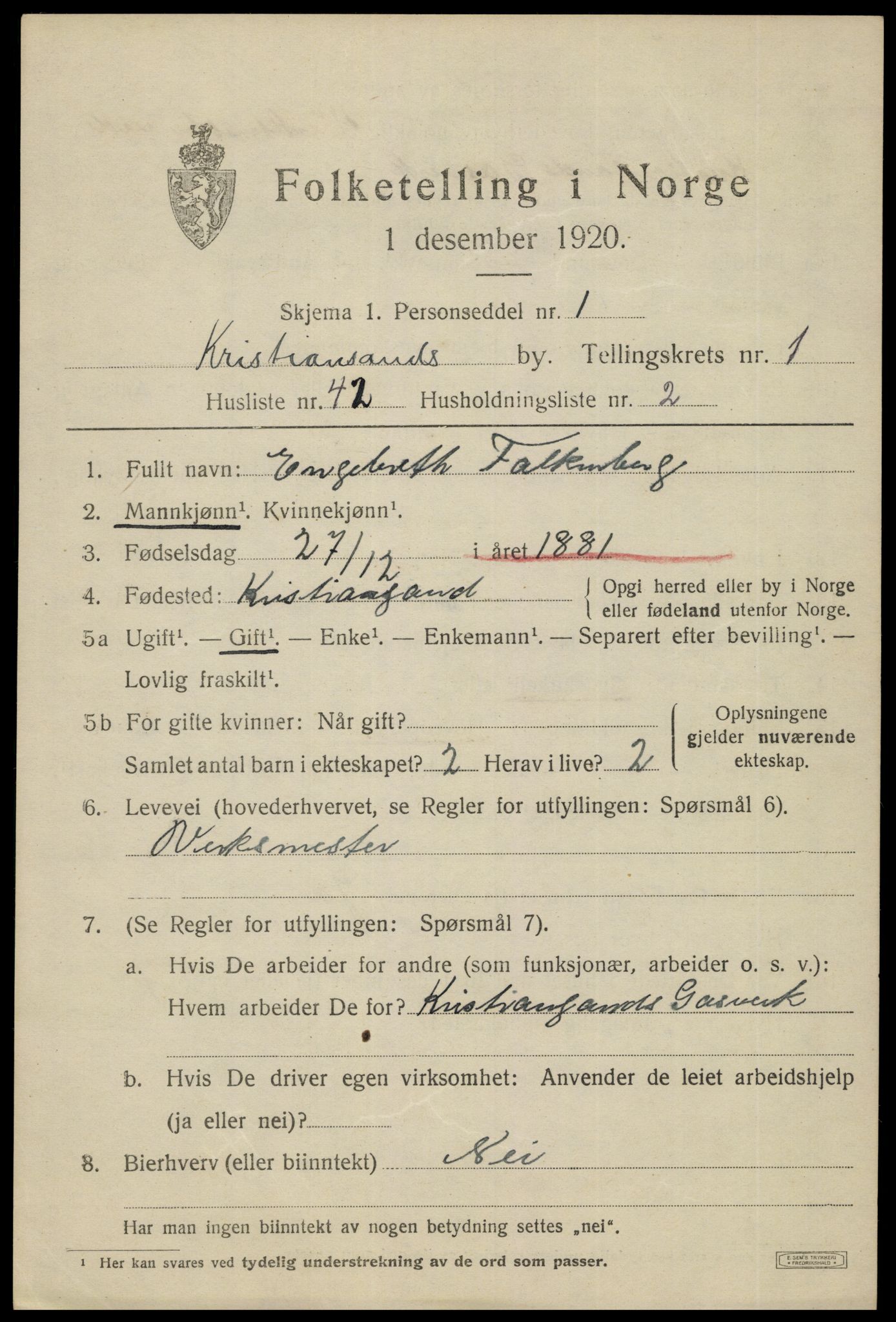 SAK, 1920 census for Kristiansand, 1920, p. 11881