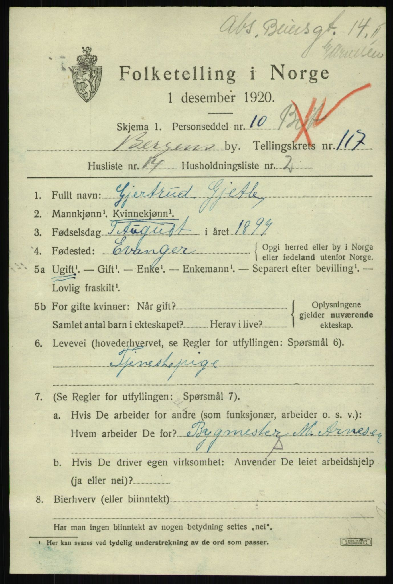 SAB, 1920 census for Bergen, 1920, p. 198353