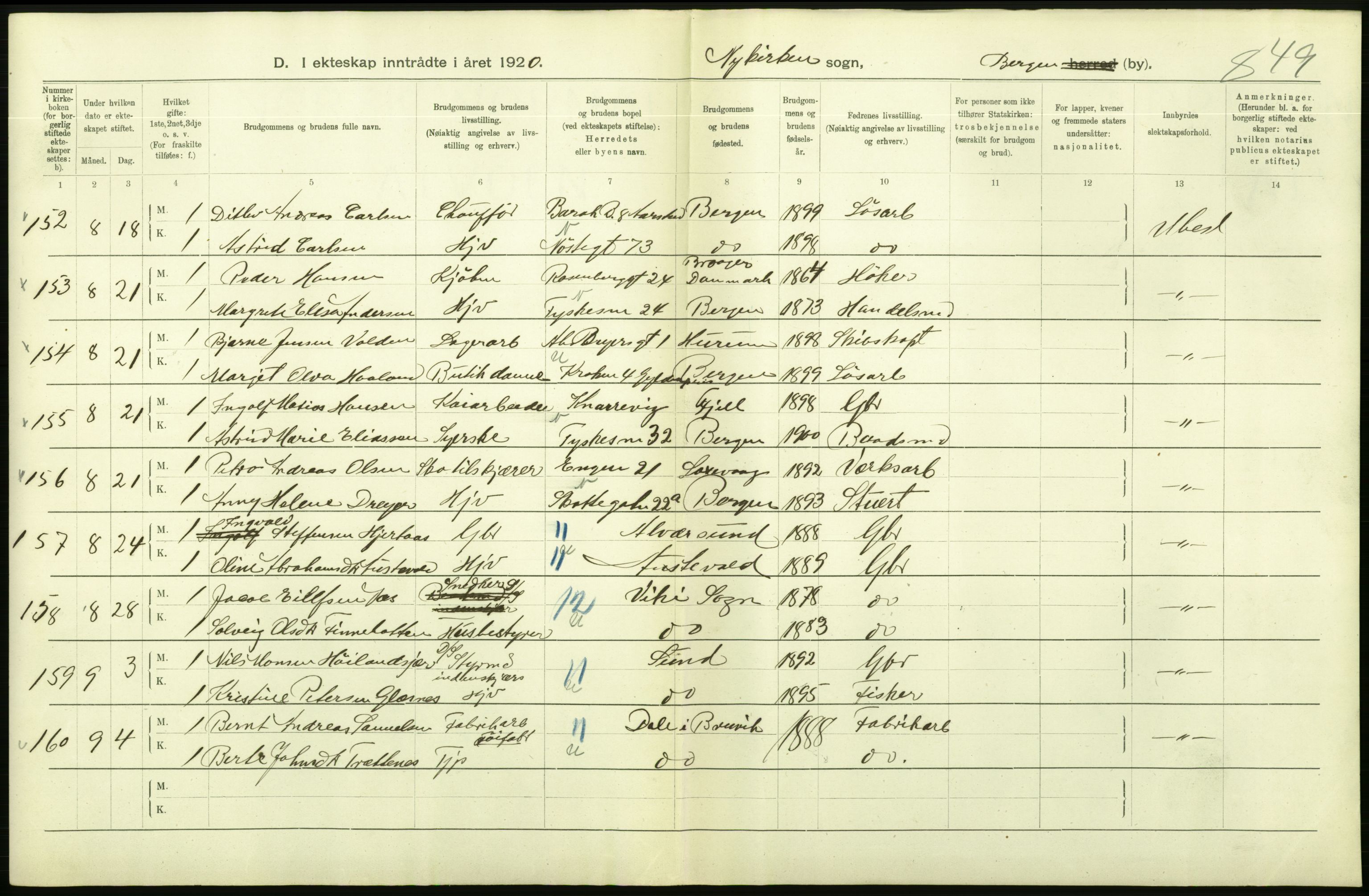 Statistisk sentralbyrå, Sosiodemografiske emner, Befolkning, AV/RA-S-2228/D/Df/Dfb/Dfbj/L0042: Bergen: Gifte, døde, dødfødte., 1920, p. 120