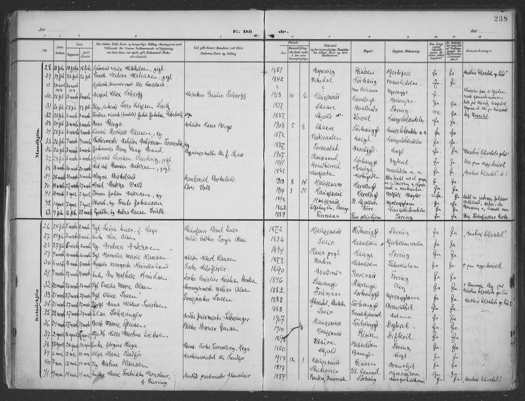 Haugesund sokneprestkontor, AV/SAST-A -101863/H/Ha/Haa/L0007: Parish register (official) no. A 7, 1904-1916, p. 238