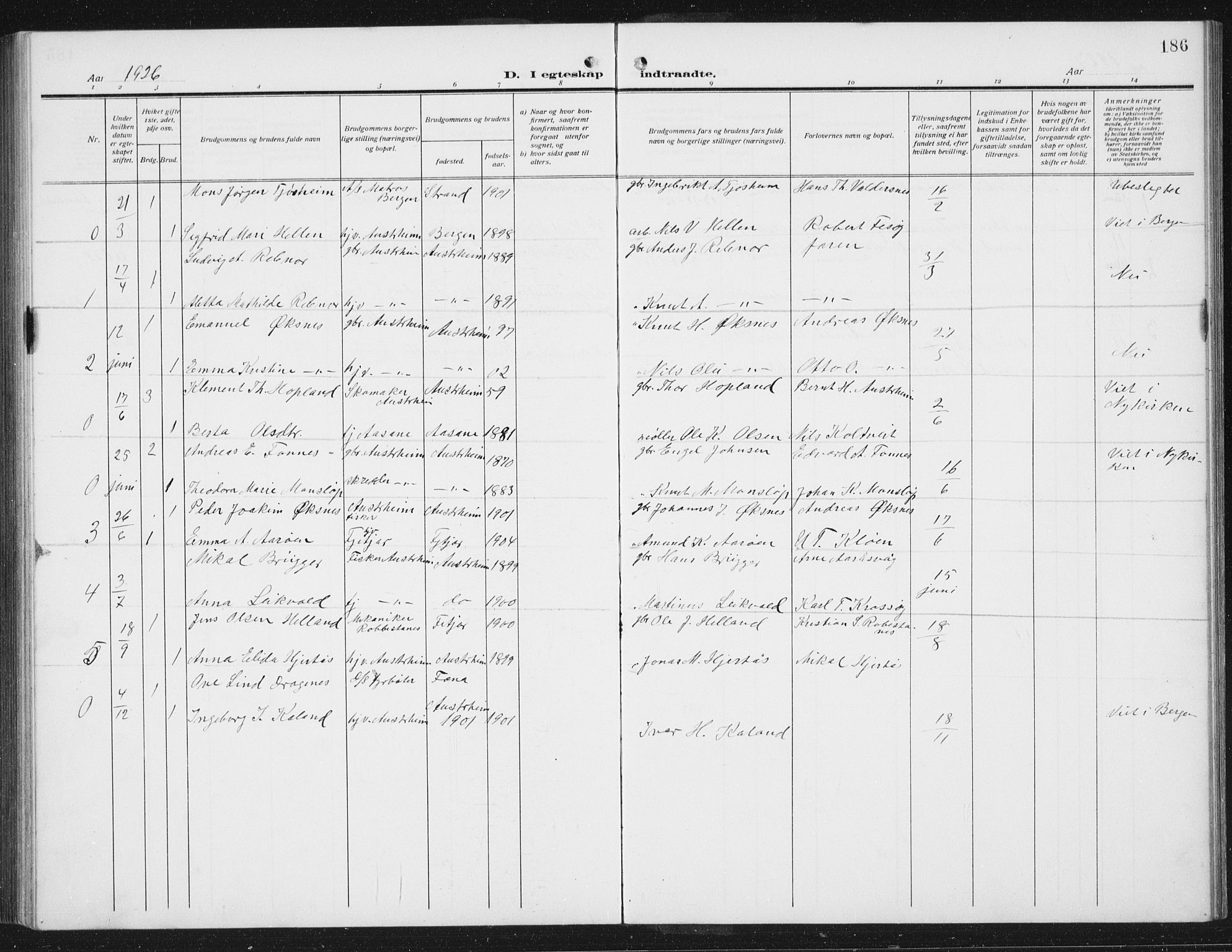 Lindås Sokneprestembete, AV/SAB-A-76701/H/Hab/Habc/L0005: Parish register (copy) no. C 5, 1910-1927, p. 186