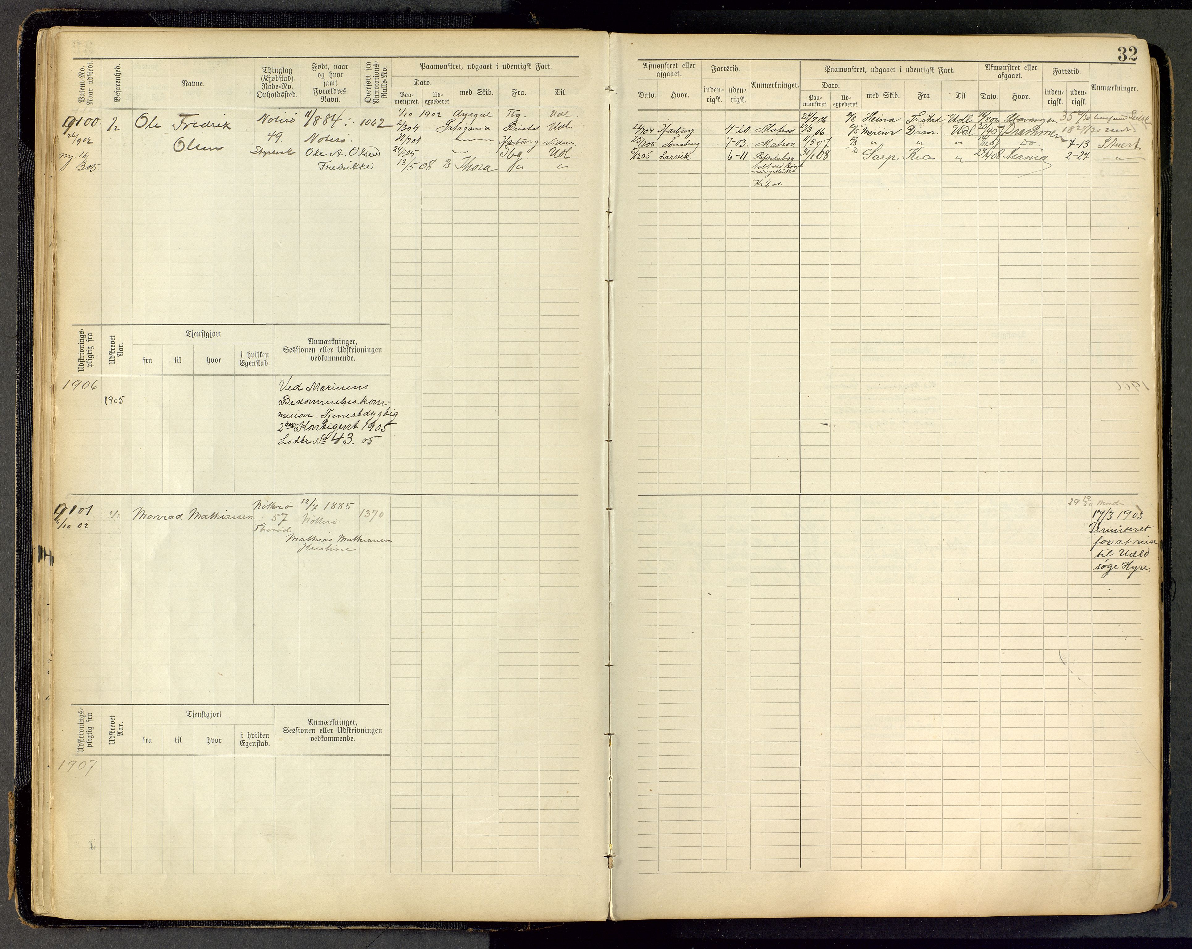 Tønsberg innrulleringskontor, AV/SAKO-A-786/F/Fc/Fca/L0011: Hovedrulle Patent nr. 9038-9992, 1900-1912, p. 32