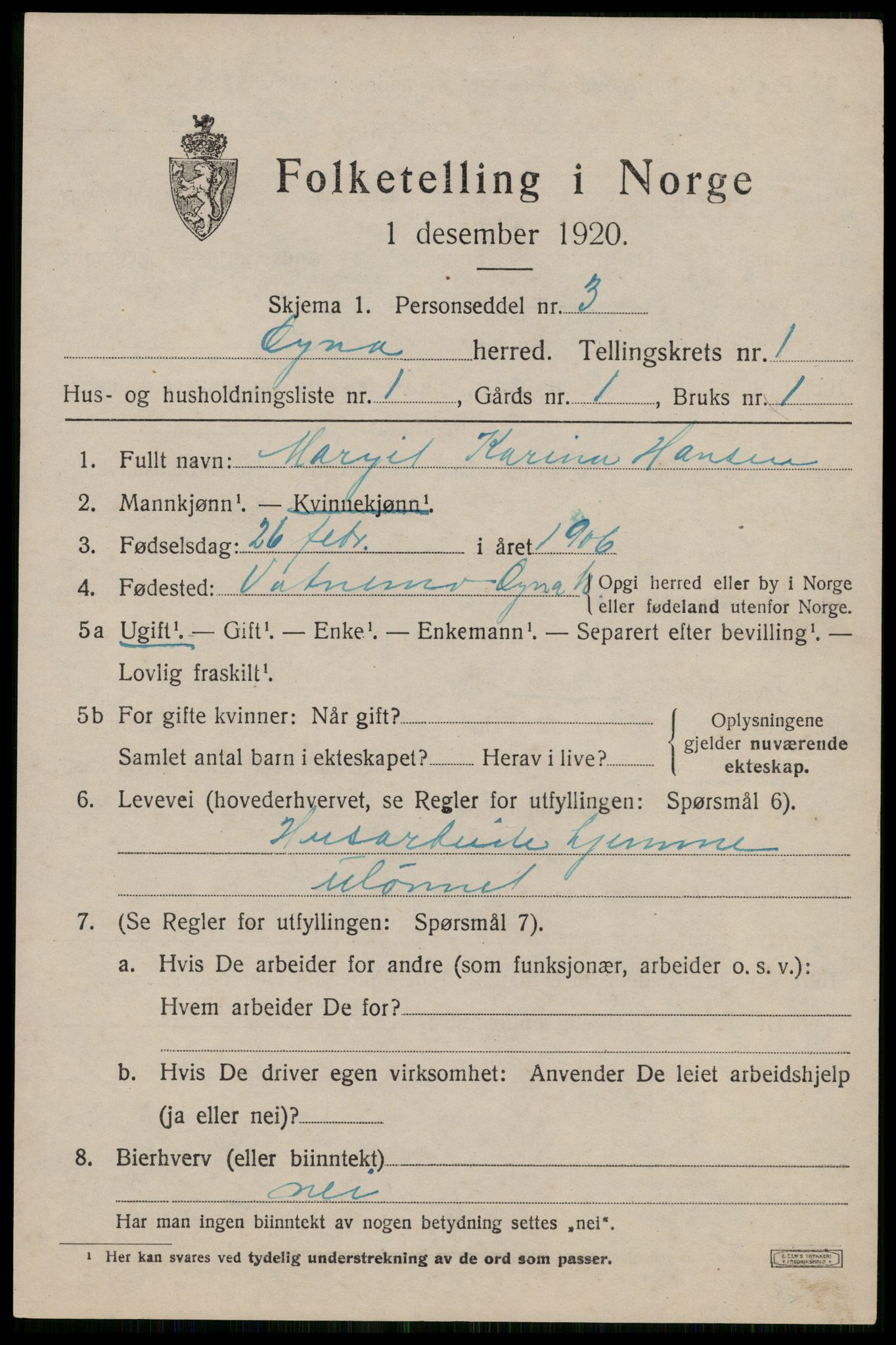 SAST, 1920 census for Ogna, 1920, p. 491