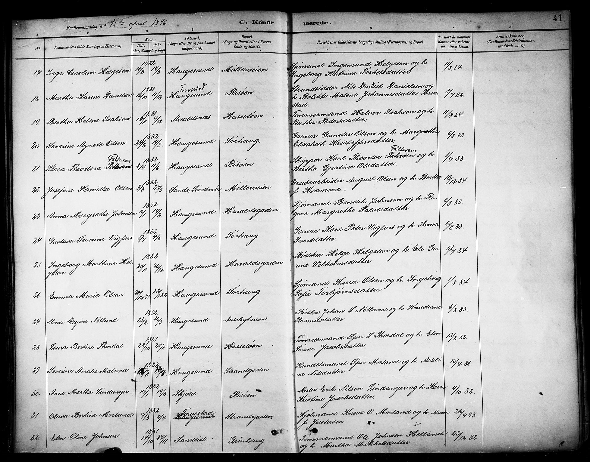 Haugesund sokneprestkontor, AV/SAST-A -101863/H/Ha/Haa/L0005: Parish register (official) no. A 5, 1891-1903, p. 41