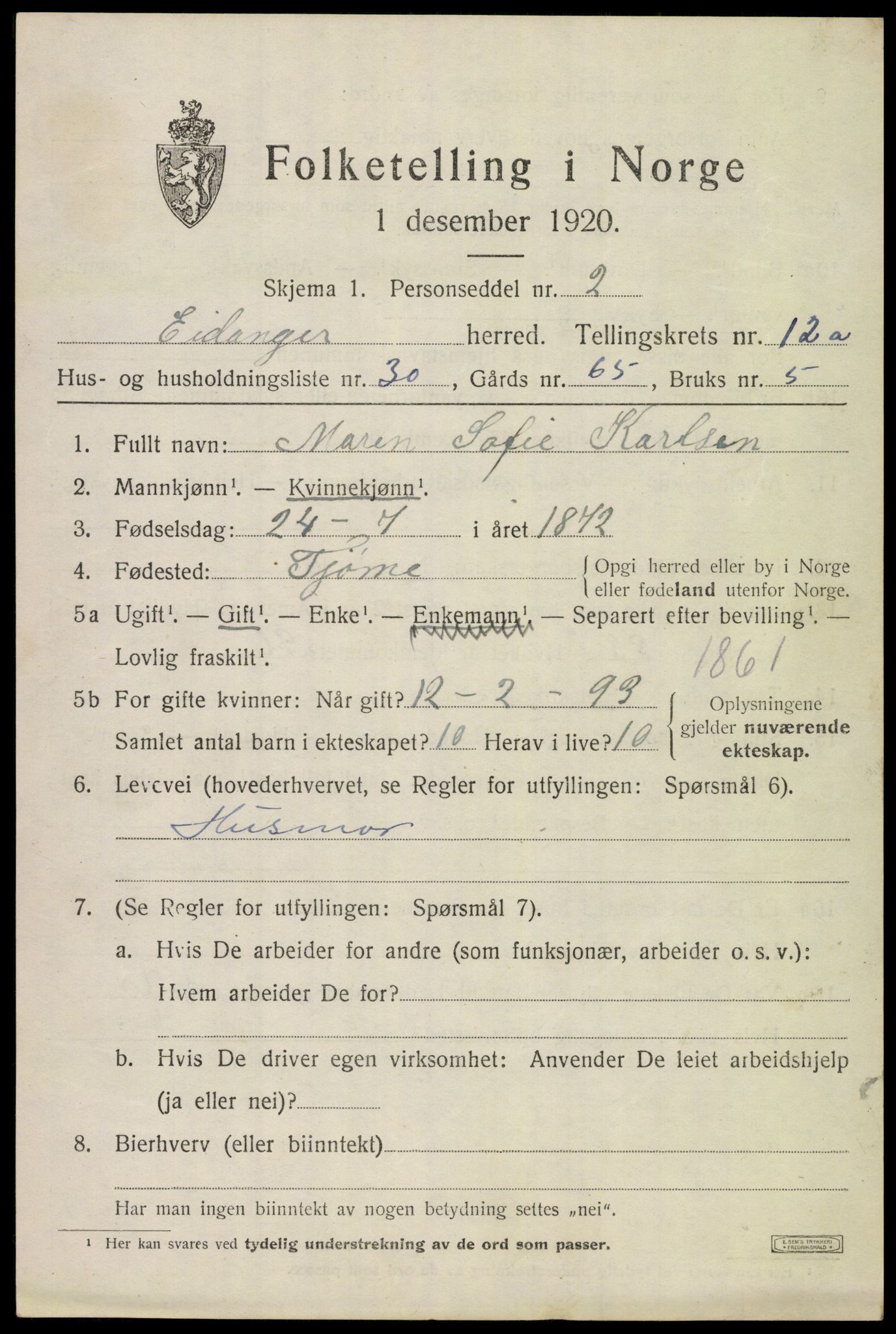 SAKO, 1920 census for Eidanger, 1920, p. 7510