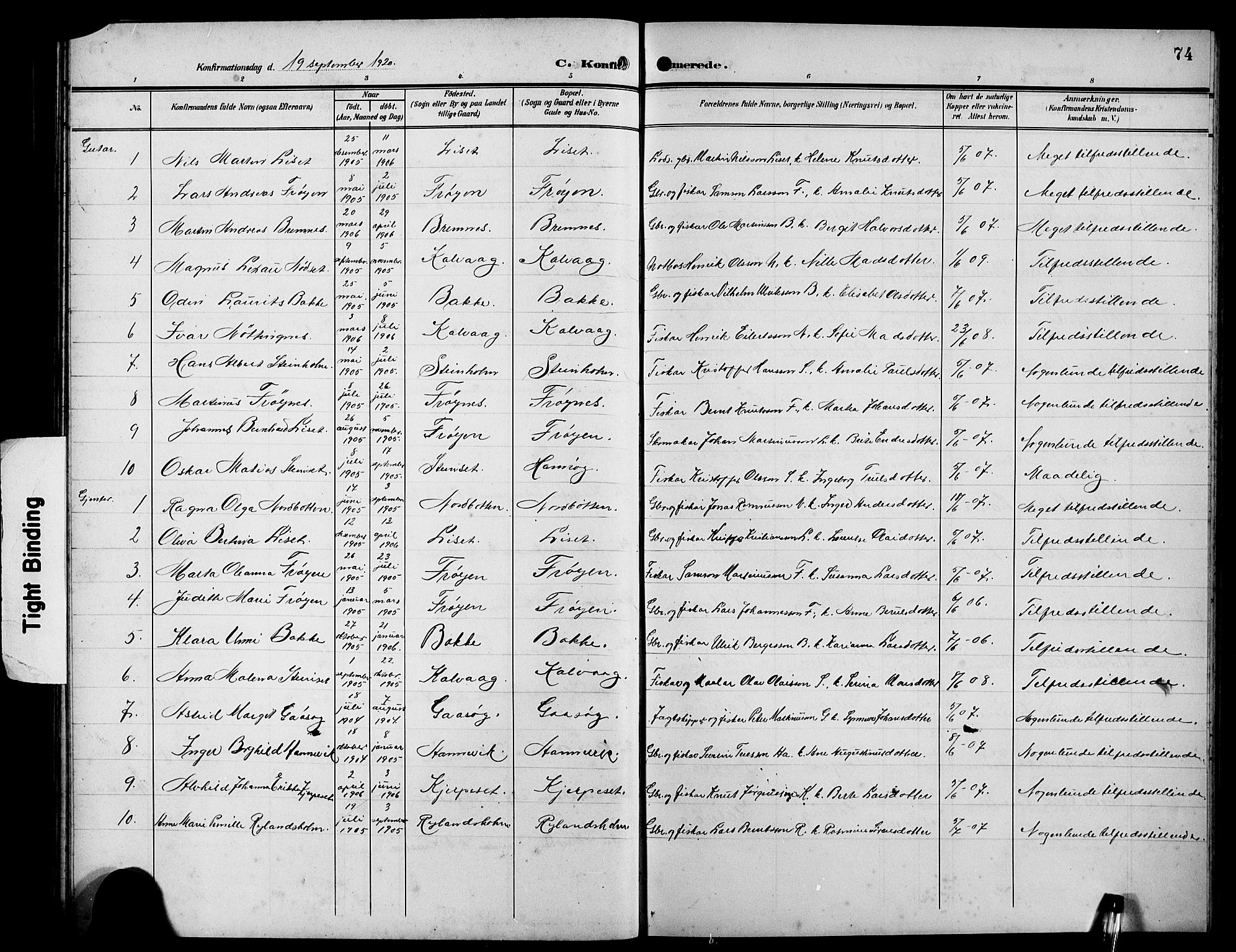 Bremanger sokneprestembete, AV/SAB-A-82201/H/Hab/Habb/L0001: Parish register (copy) no. B 1, 1906-1925, p. 74