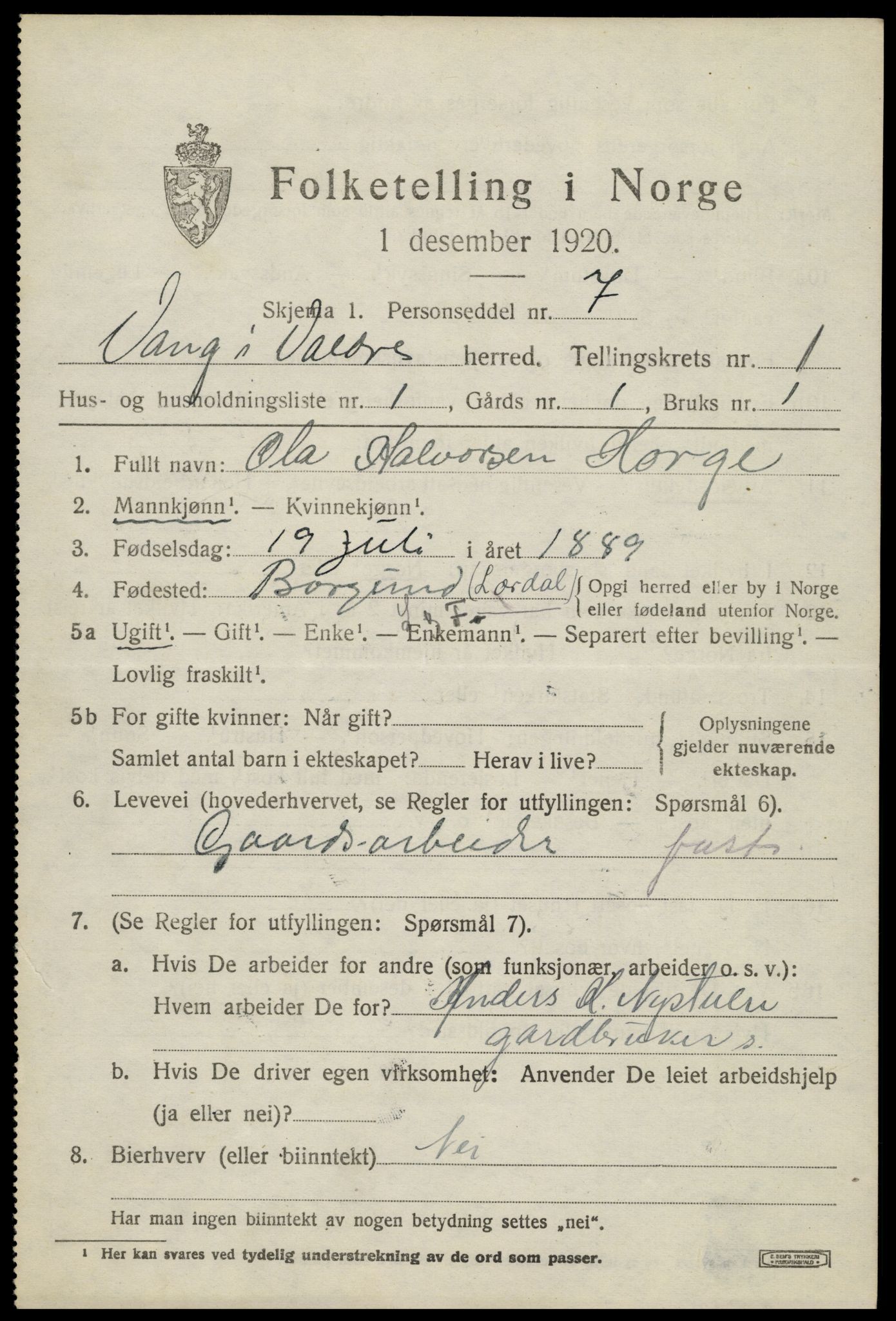 SAH, 1920 census for Vang (Oppland), 1920, p. 681