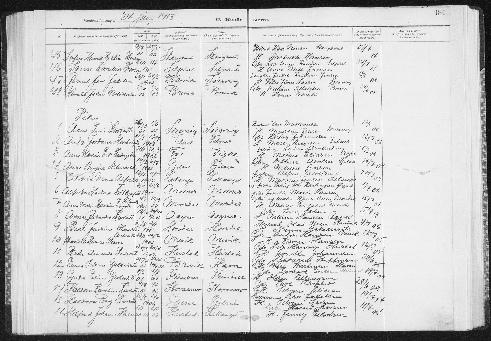 Ministerialprotokoller, klokkerbøker og fødselsregistre - Nordland, AV/SAT-A-1459/805/L0104: Parish register (official) no. 805A09, 1909-1926, p. 180