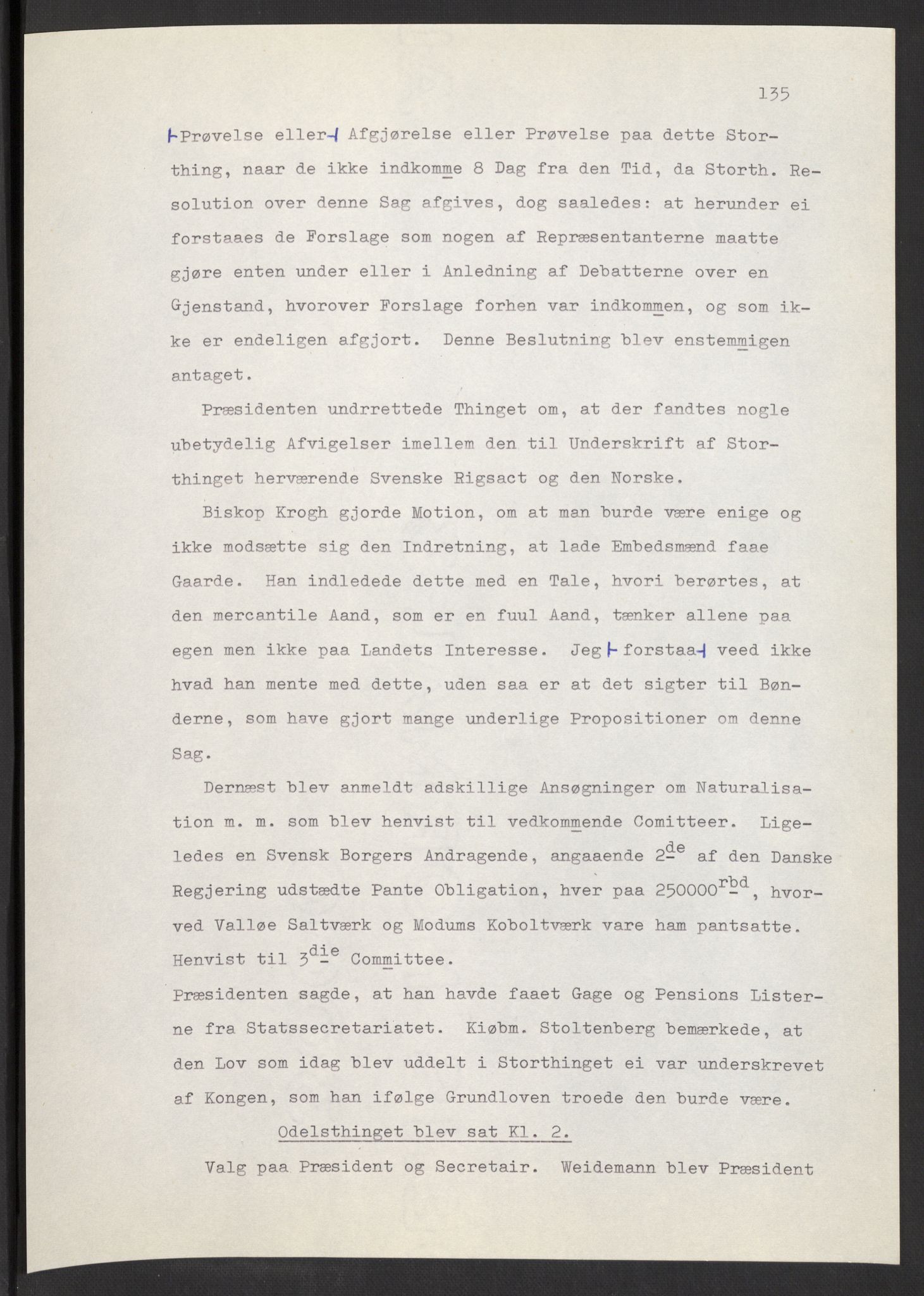 Manuskriptsamlingen, AV/RA-EA-3667/F/L0197: Wetlesen, Hans Jørgen (stortingsmann, ingeniørkaptein); Referat fra Stortinget 1815-1816, 1815-1816, p. 135