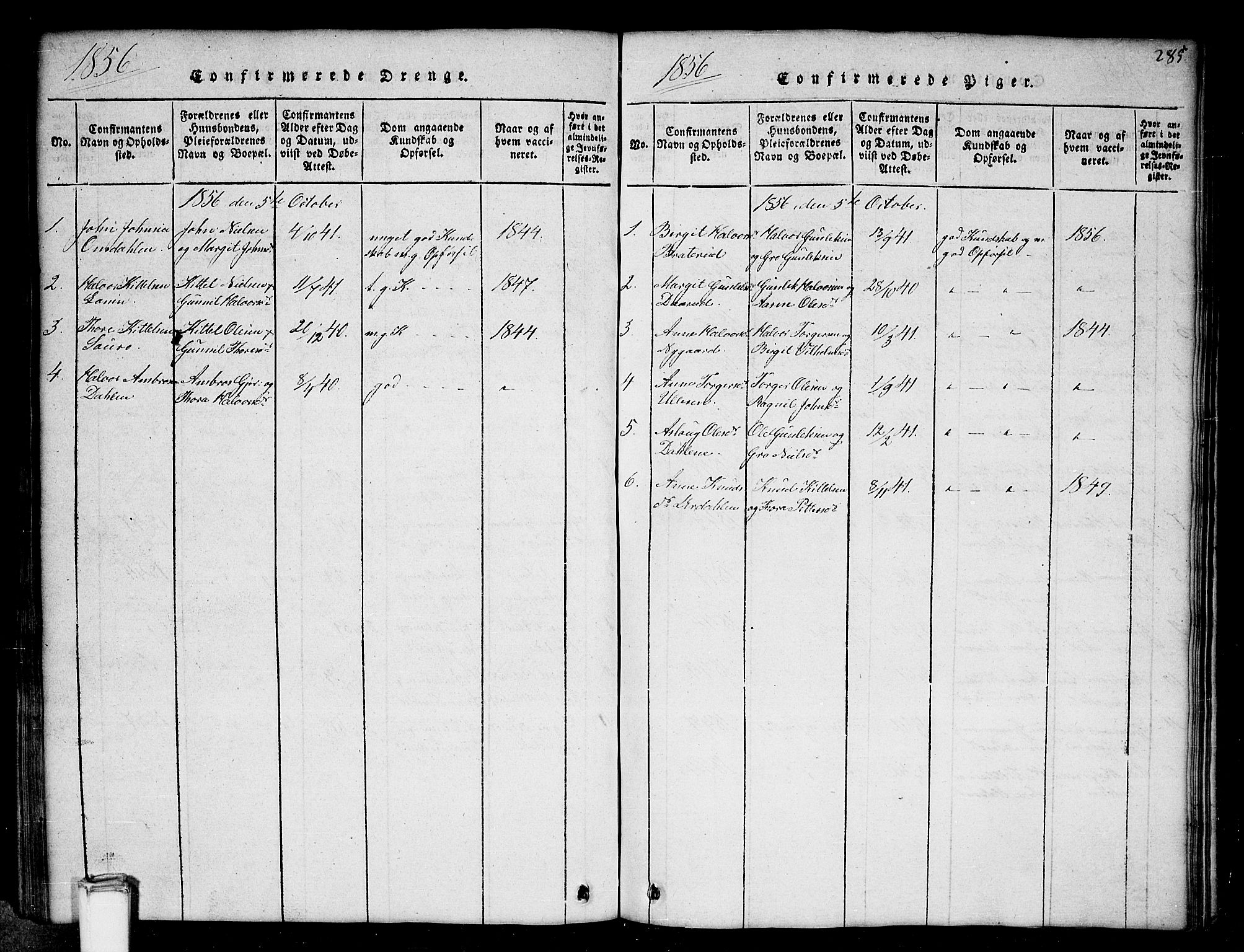 Gransherad kirkebøker, SAKO/A-267/G/Gb/L0001: Parish register (copy) no. II 1, 1815-1860, p. 285